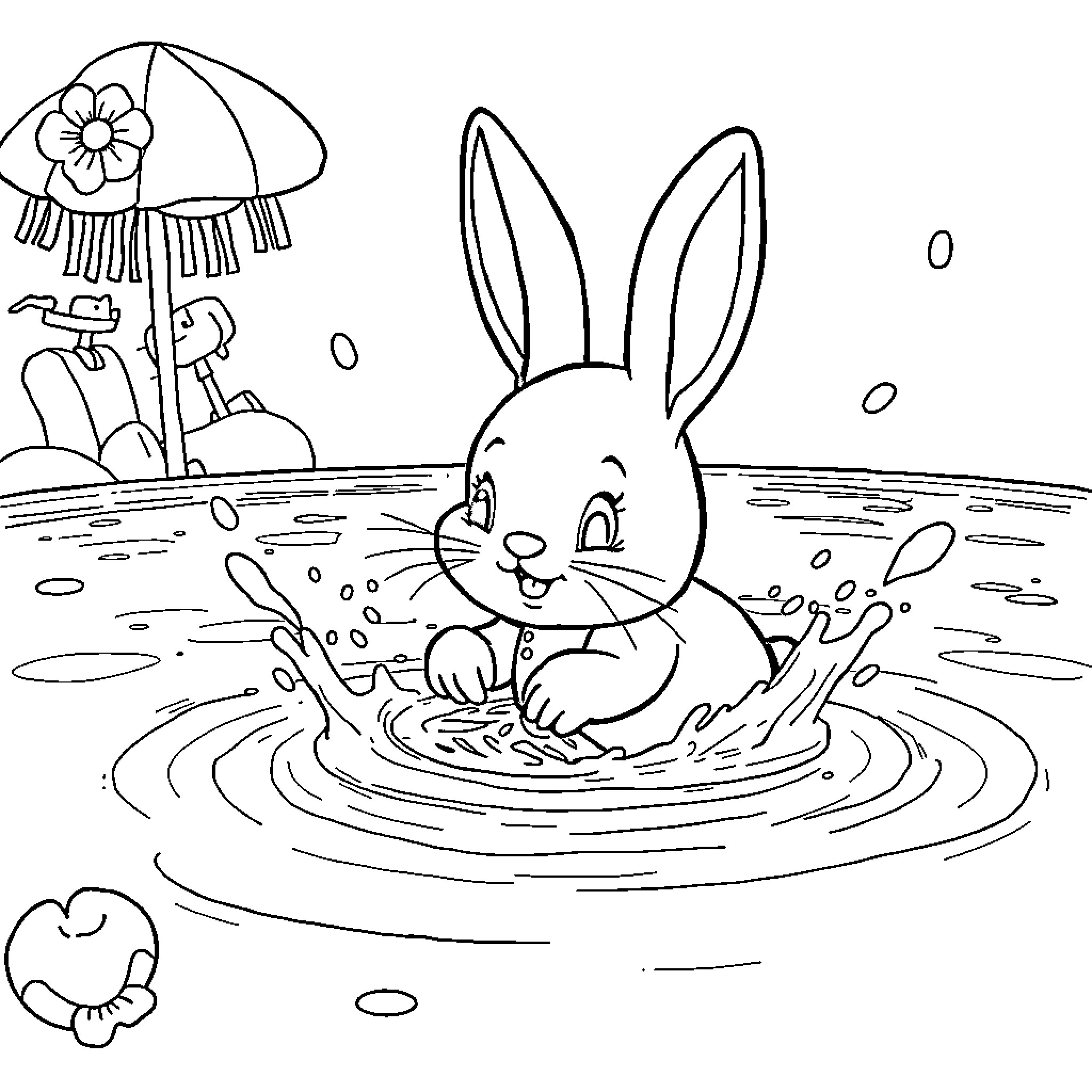 Bunny playing joyfully in a puddle under an umbrella Coloring Page (free black-and-white line drawing printable PDF for all, from beginners to advanced learners, including children, teens, adults, and seniors)