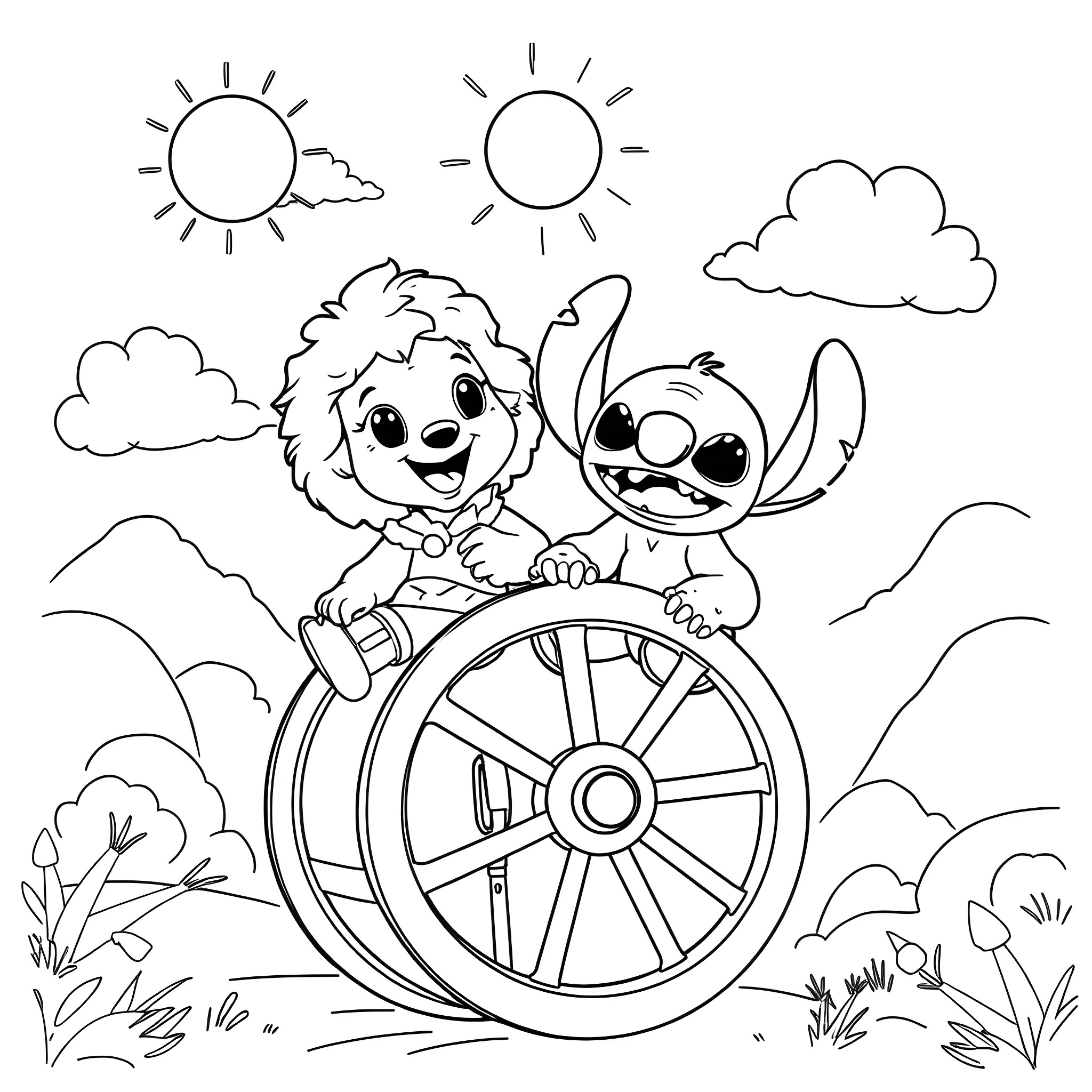 Leo and Stitch having fun on a wagon ride in the countryside Coloring Page (free black-and-white line drawing printable PDF for all, from beginners to advanced learners, including children, teens, adults, and seniors)