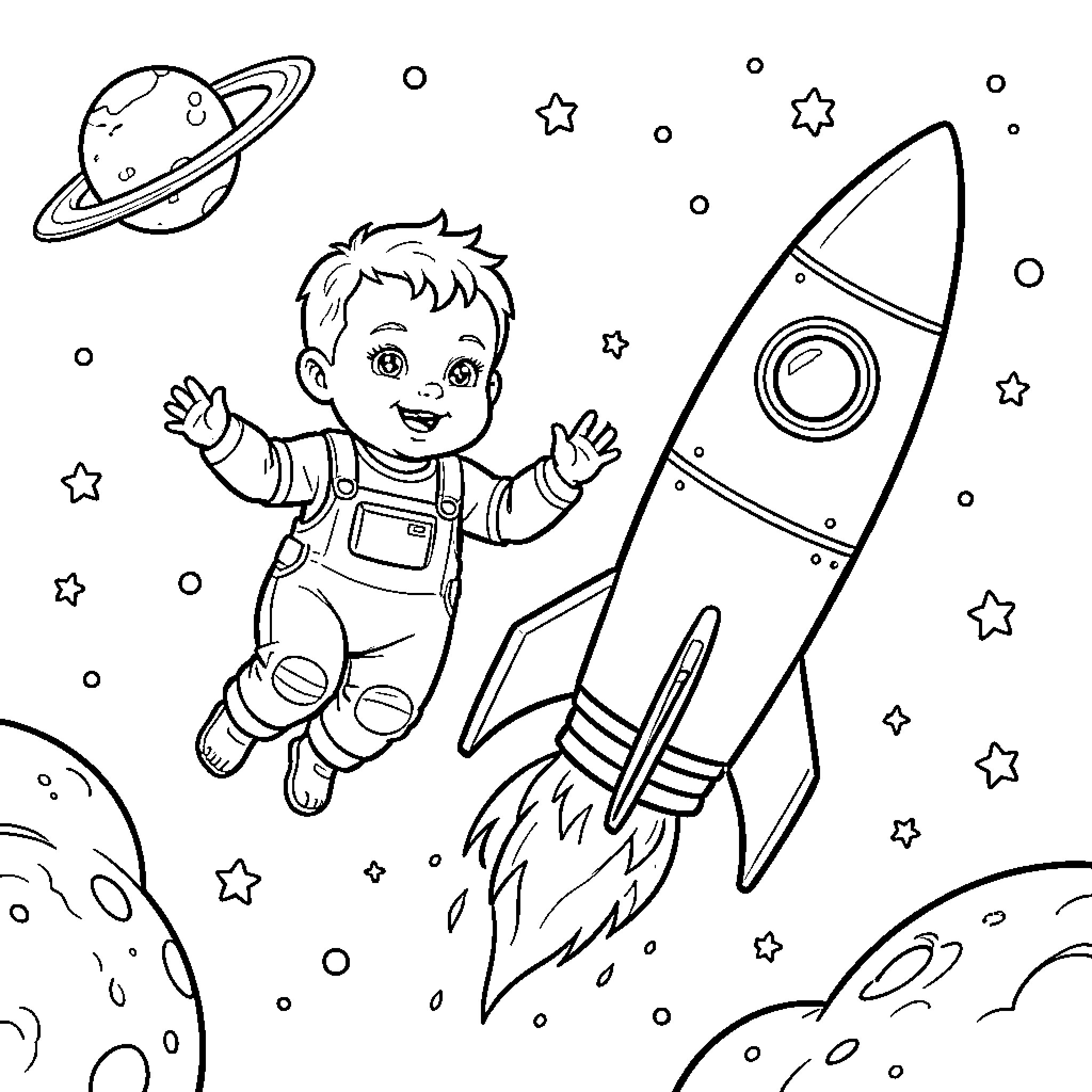 Baby floating happily in space near a rocket Coloring Page (free black-and-white line drawing printable PDF for all, from beginners to advanced learners, including children, teens, adults, and seniors)