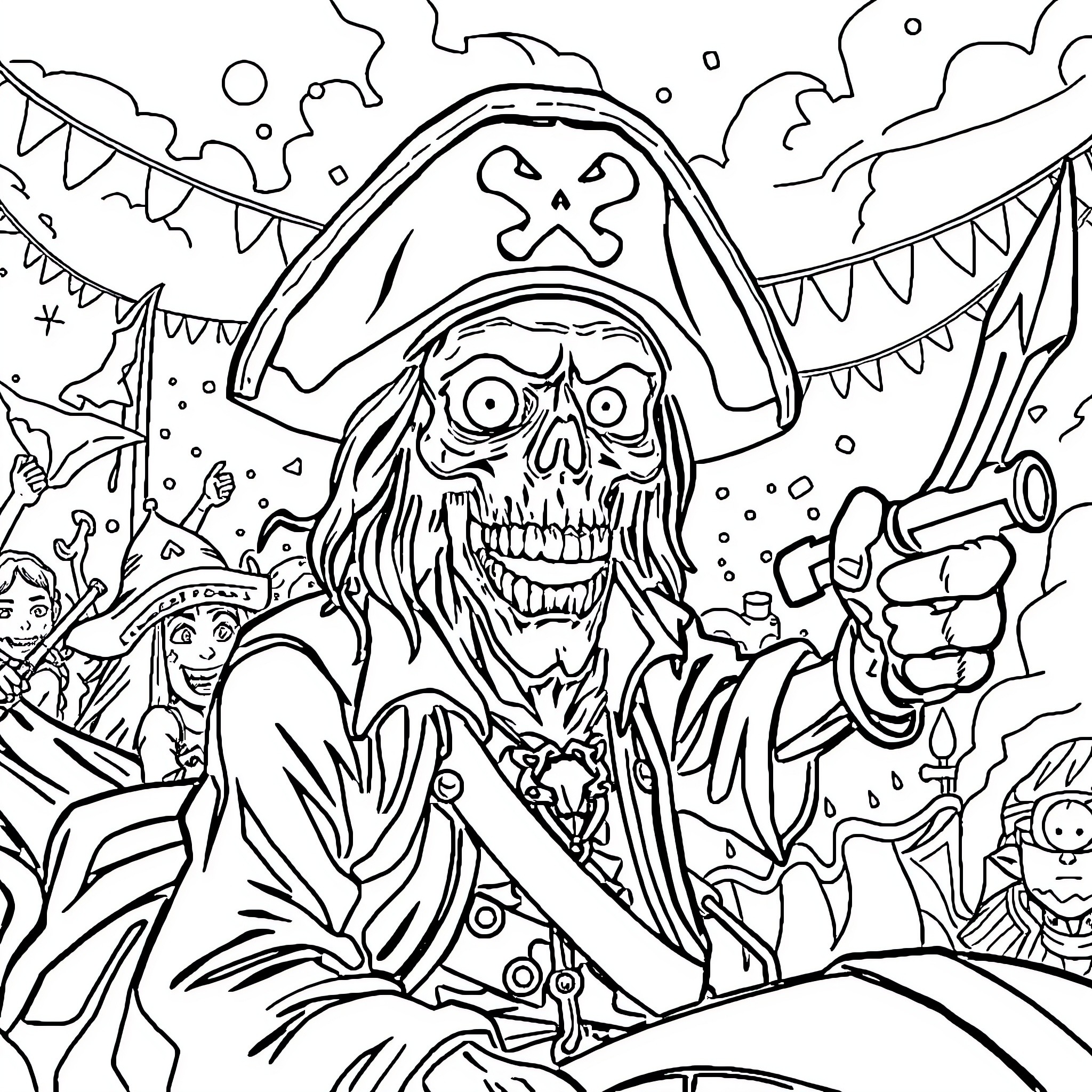 Zombie Pirate terrorizing a festive scene Coloring Page (free black-and-white line drawing printable PDF for all, from beginners to advanced learners, including children, teens, adults, and seniors)
