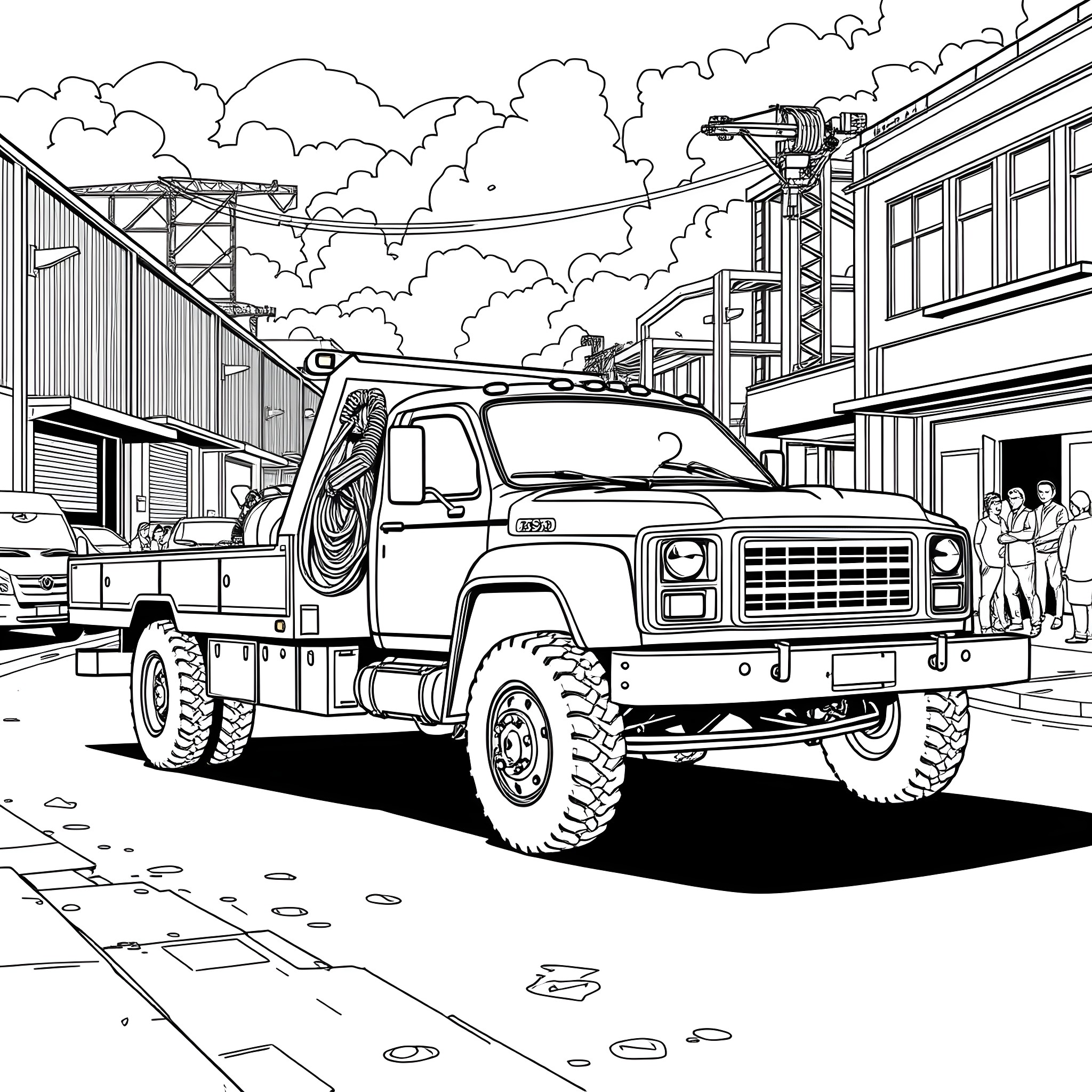 Wrecker Truck Assisting with Towing on the Street Coloring Page (free black-and-white line drawing printable PDF for all, from beginners to advanced learners, including children, teens, adults, and seniors)