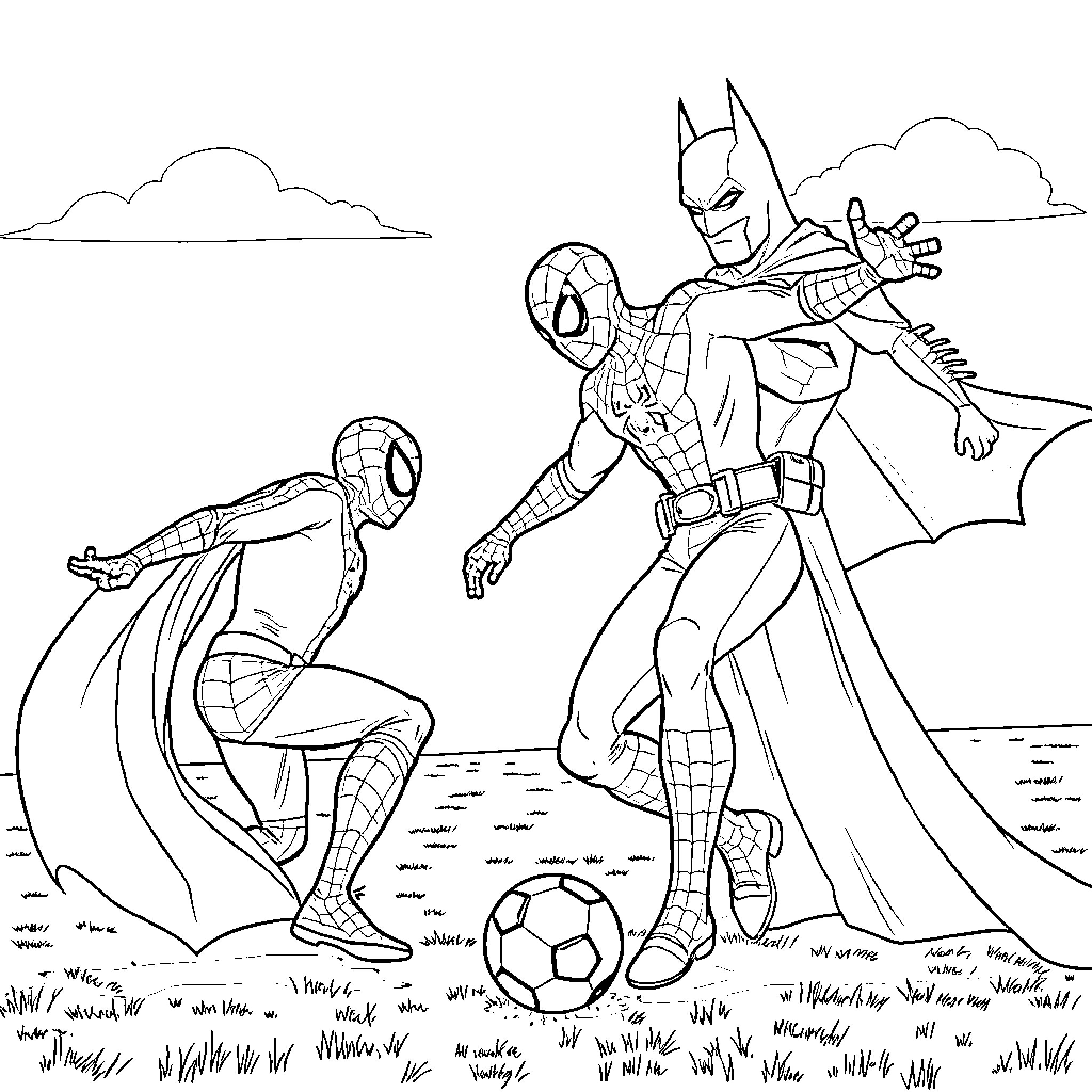 Spiderman and Batman playing soccer in the park Coloring Page (free black-and-white line drawing printable PDF for all, from beginners to advanced learners, including children, teens, adults, and seniors)