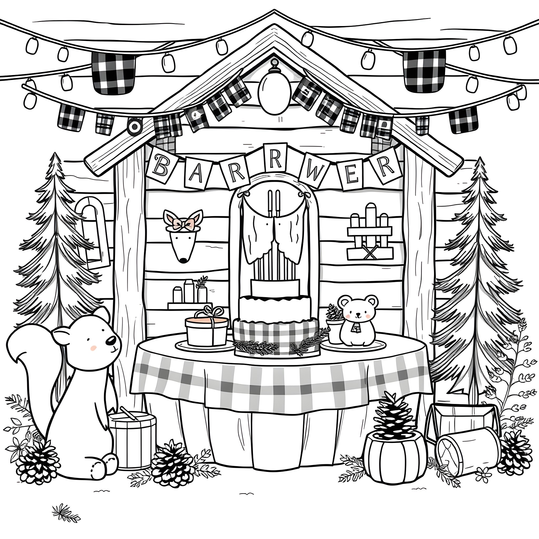 Lumberjack's cozy winter celebration in the forest Coloring Page (free black-and-white line drawing printable PDF for all, from beginners to advanced learners, including children, teens, adults, and seniors)