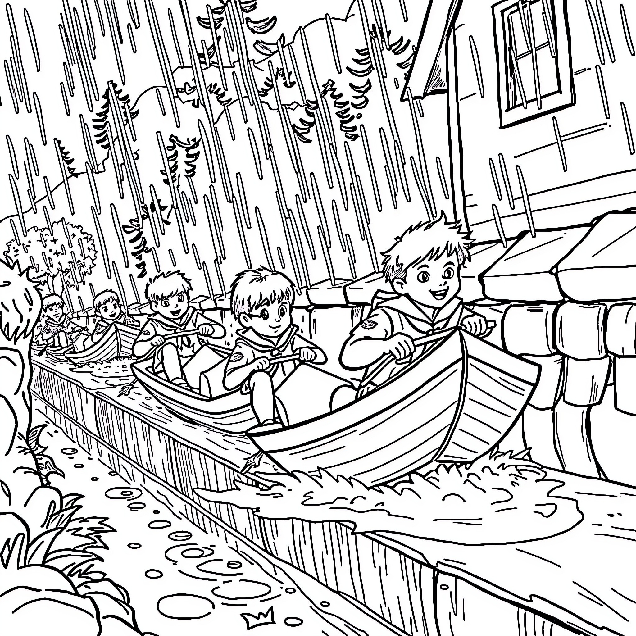 Wolf Boys Canoeing in the Forest Stream Coloring Page (free black-and-white line drawing printable PDF for all, from beginners to advanced learners, including children, teens, adults, and seniors)