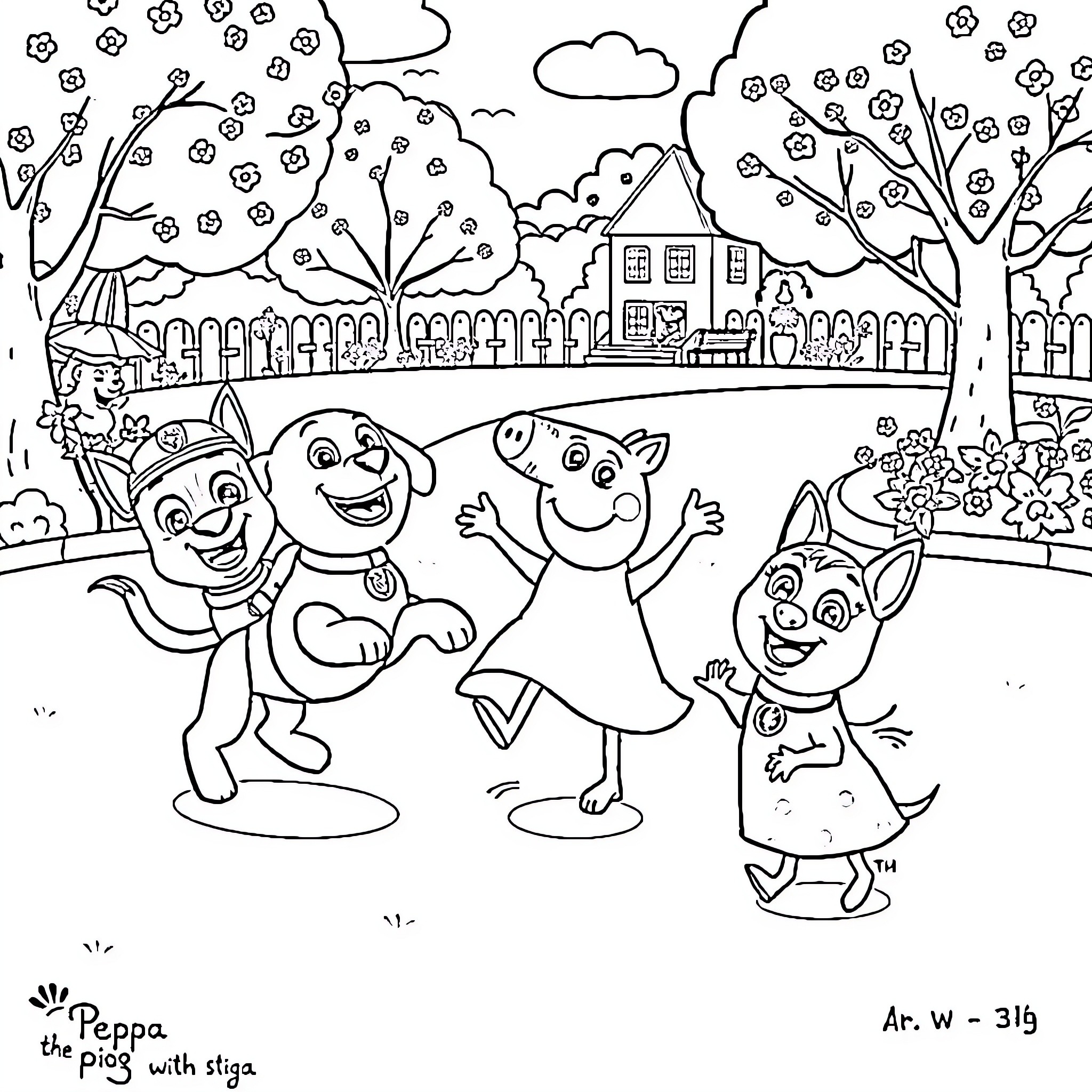Paw Patrol characters celebrate spring in cheerful landscape Coloring Page (free black-and-white line drawing printable PDF for all, from beginners to advanced learners, including children, teens, adults, and seniors)