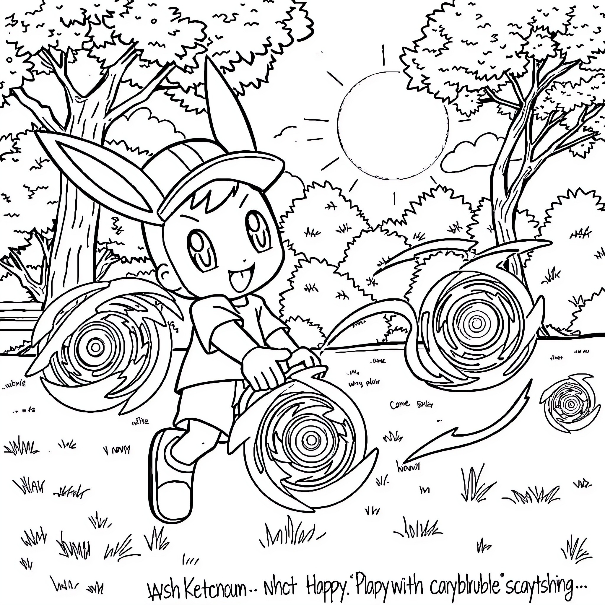Ash Ketchum - What Happy, Playful with carefree scenery Coloring Page (free black-and-white line drawing printable PDF for all, from beginners to advanced learners, including children, teens, adults, and seniors)