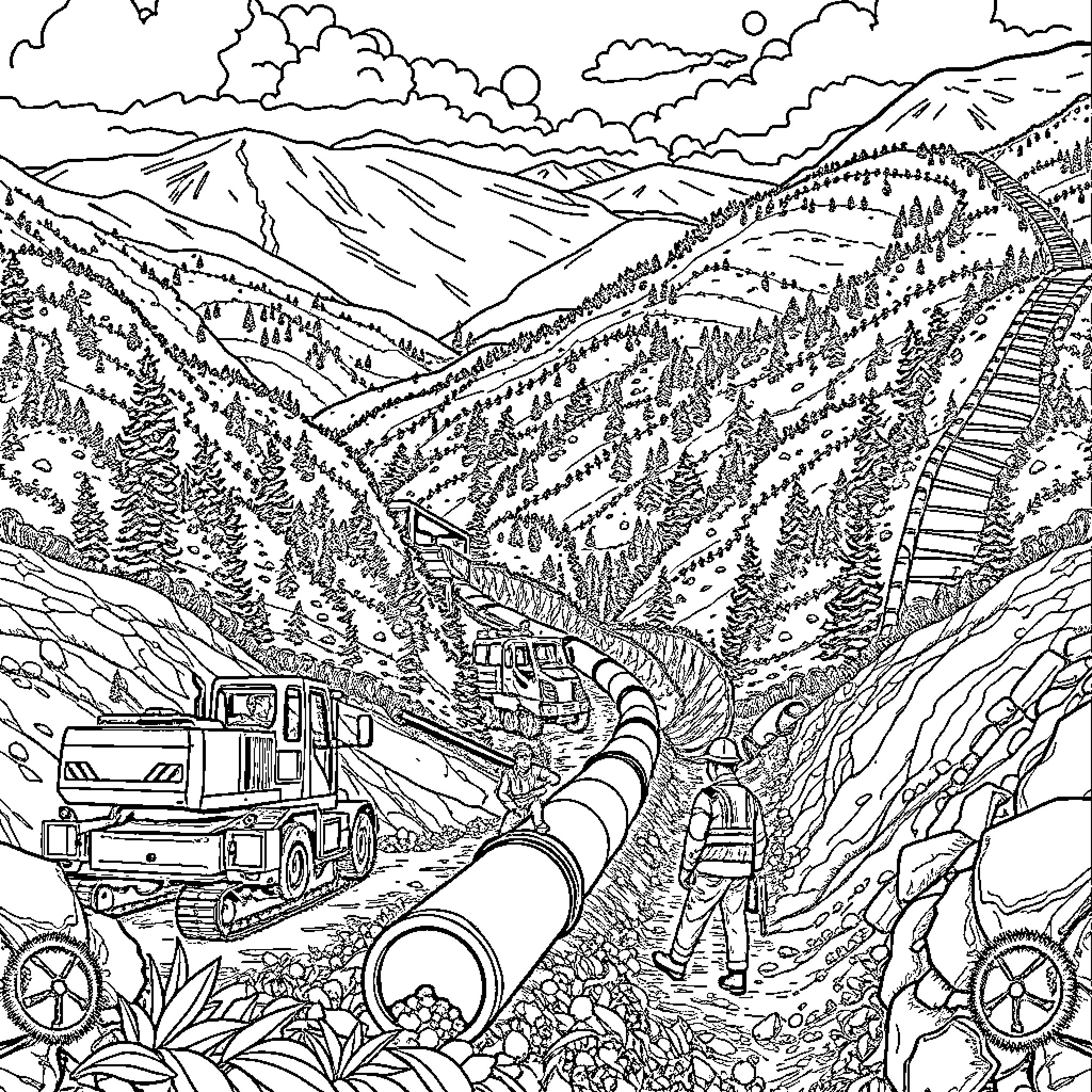 Construction Worker Operates Heavy Machinery in Mountainous Terrain Coloring Page (free black-and-white line drawing printable PDF for all, from beginners to advanced learners, including children, teens, adults, and seniors)