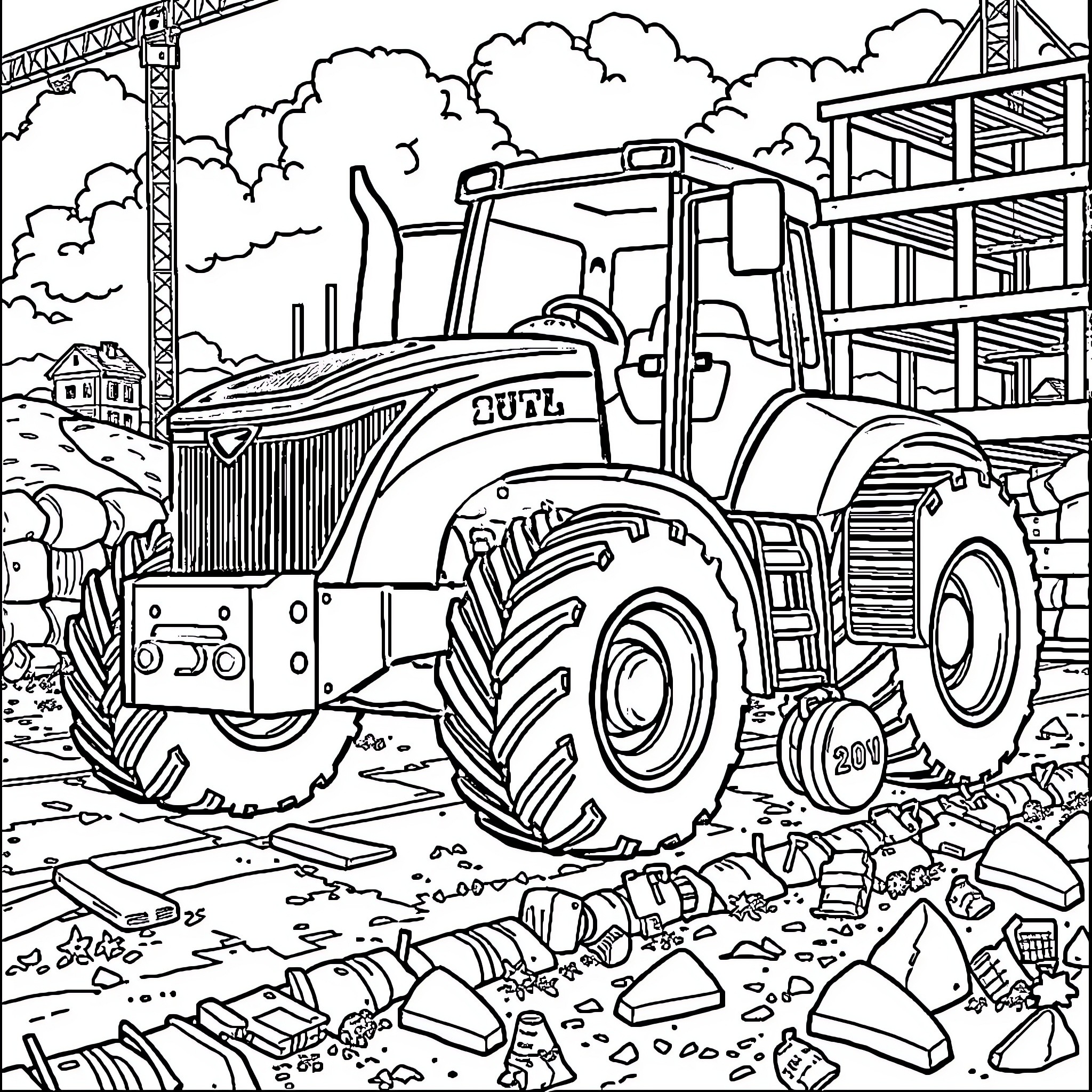 Tractor at a construction site with heavy machinery Coloring Page (free black-and-white line drawing printable PDF for all, from beginners to advanced learners, including children, teens, adults, and seniors)