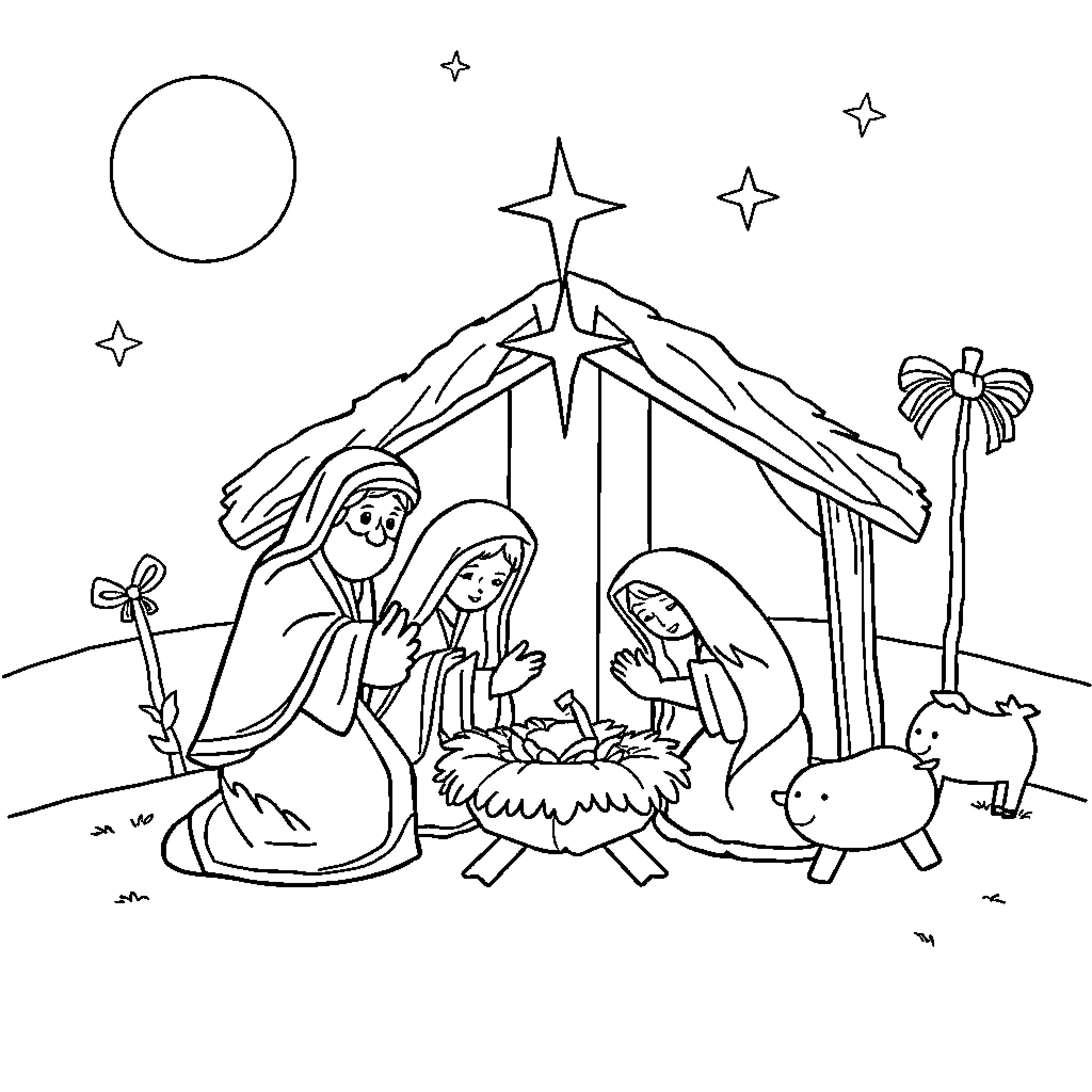 Nativity scene with holy family and animals Coloring Page (free black-and-white line drawing printable PDF for all, from beginners to advanced learners, including children, teens, adults, and seniors)