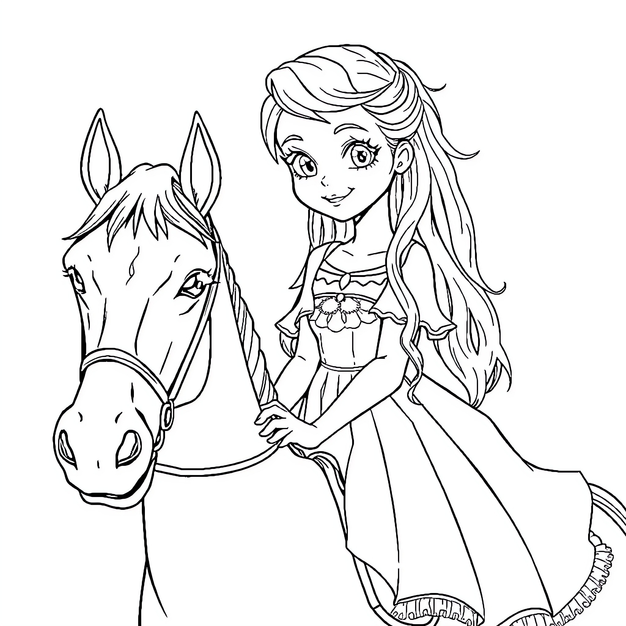 Fille enjoying a horseback ride in the countryside Coloring Page (free black-and-white line drawing printable PDF for all, from beginners to advanced learners, including children, teens, adults, and seniors)