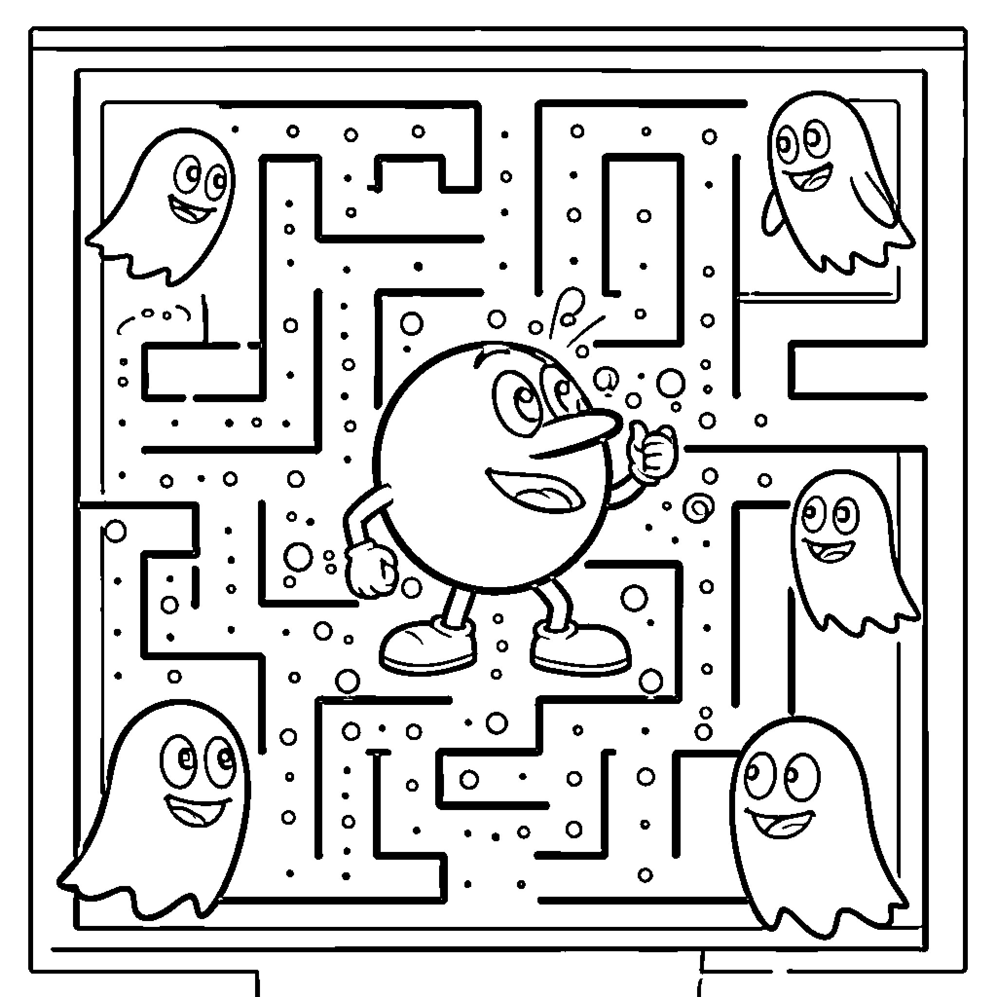 Pacman navigating a maze while being chased by ghosts Coloring Page (free black-and-white line drawing printable PDF for all, from beginners to advanced learners, including children, teens, adults, and seniors)