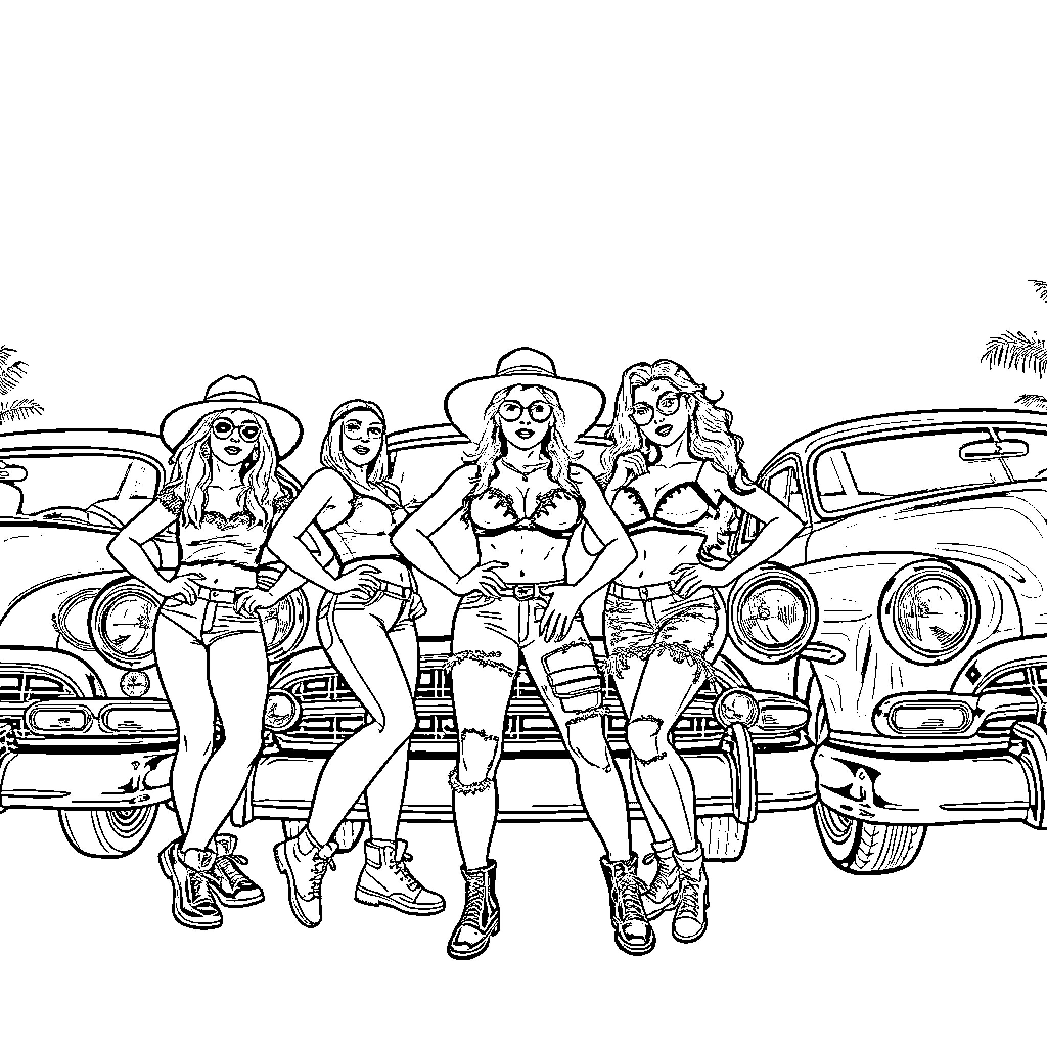 Pachuco style ladies posing by vintage cars Coloring Page (free black-and-white line drawing printable PDF for all, from beginners to advanced learners, including children, teens, adults, and seniors)