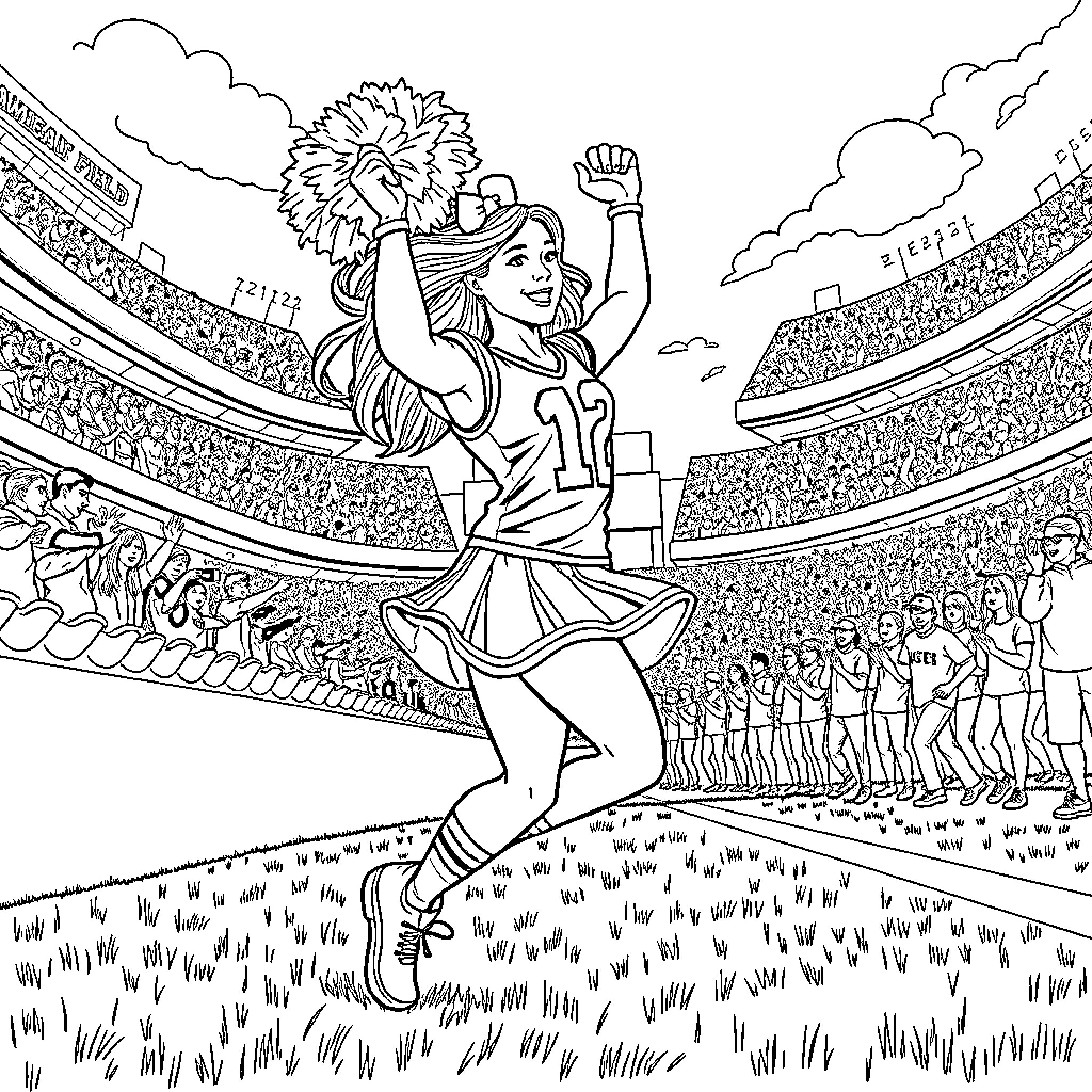 Cheerleader performing energetic routine in stadium Coloring Page (free black-and-white line drawing printable PDF for all, from beginners to advanced learners, including children, teens, adults, and seniors)
