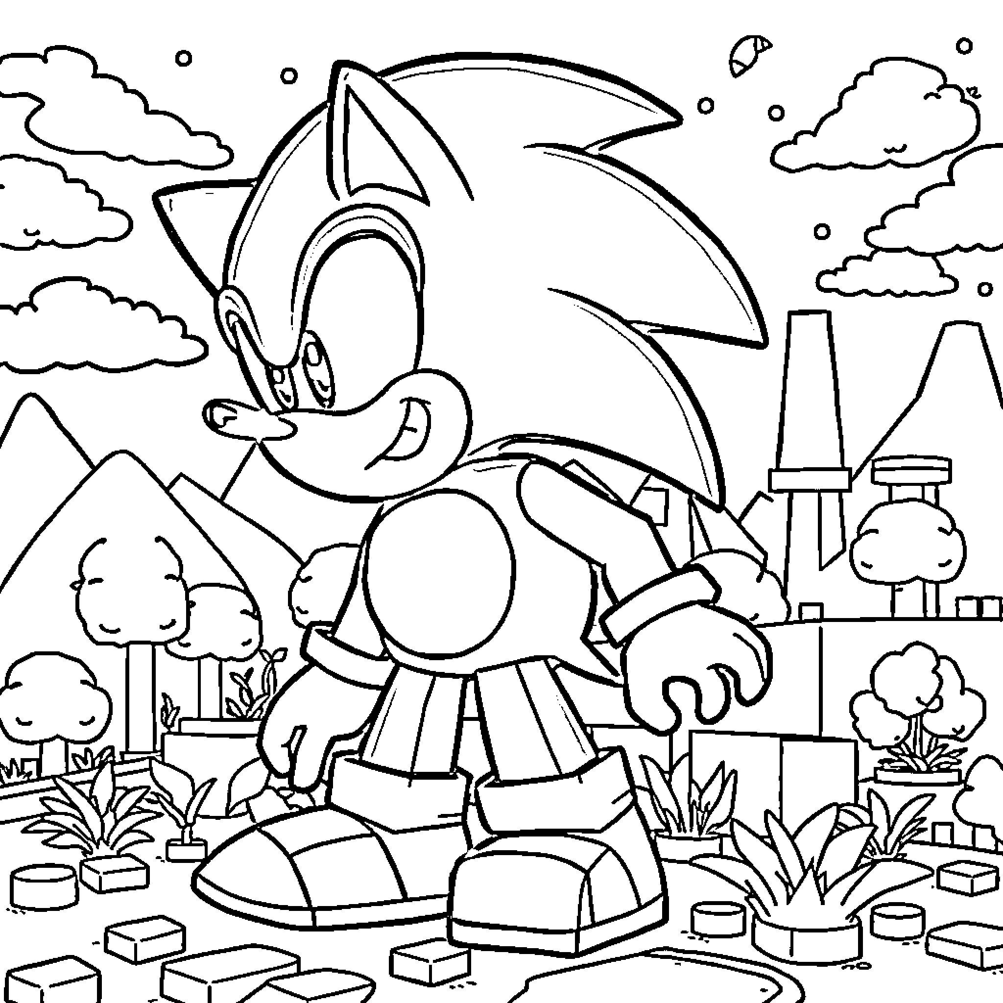 Sonic Explores the Diverse Landscape Coloring Page (free black-and-white line drawing printable PDF for all, from beginners to advanced learners, including children, teens, adults, and seniors)