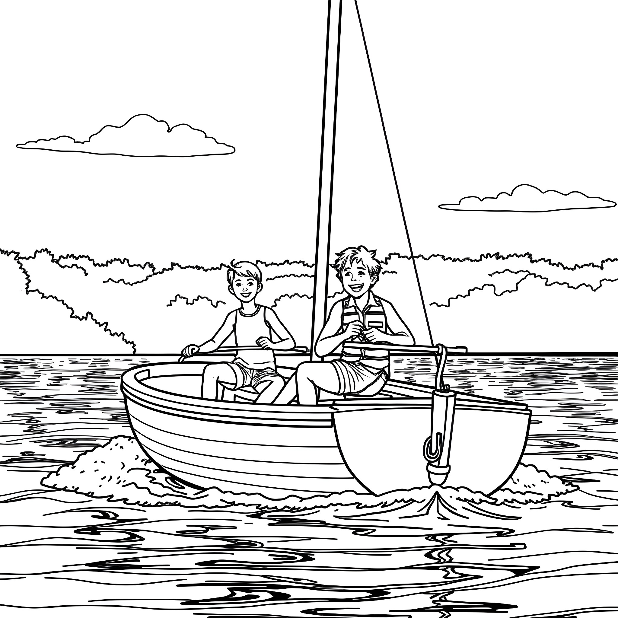Sailboat with two people enjoying a day on the water Coloring Page (free black-and-white line drawing printable PDF for all, from beginners to advanced learners, including children, teens, adults, and seniors)