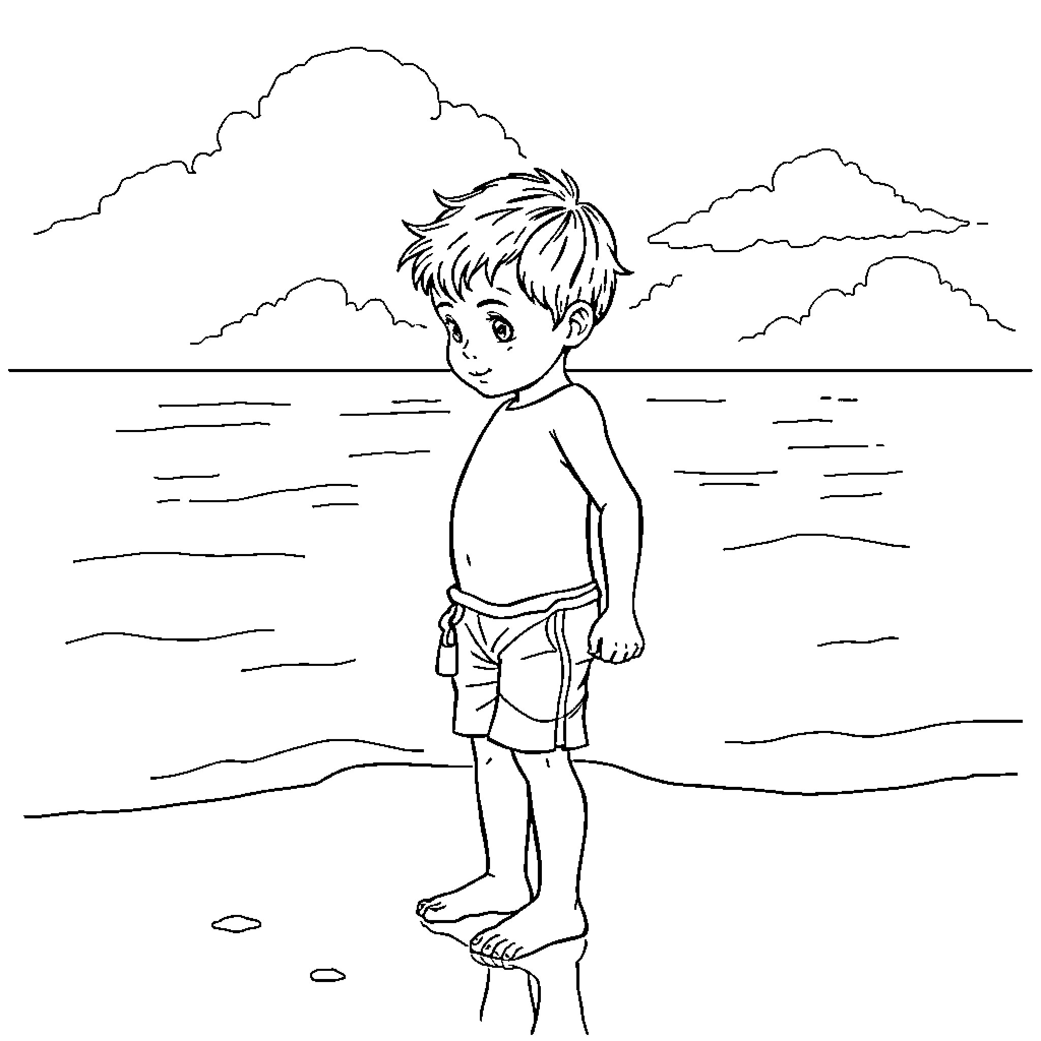 Boy standing on the beach looking out Coloring Page (free black-and-white line drawing printable PDF for all, from beginners to advanced learners, including children, teens, adults, and seniors)
