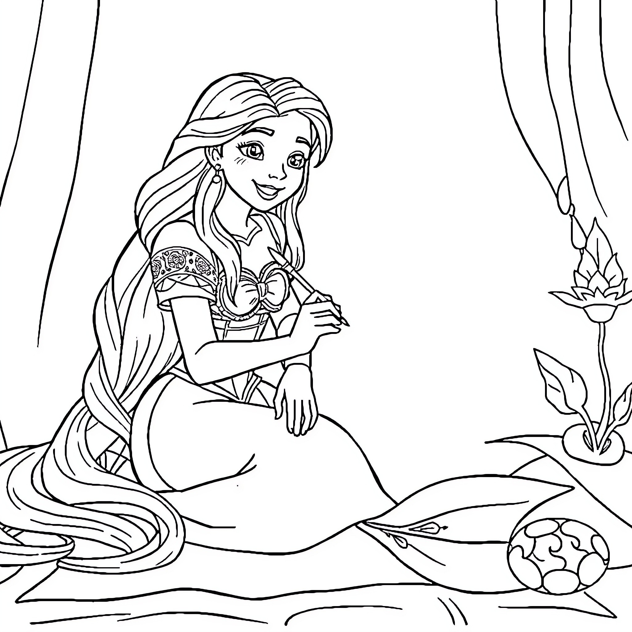 Rapunzel sitting in a scenic environment Coloring Page (free black-and-white line drawing printable PDF for all, from beginners to advanced learners, including children, teens, adults, and seniors)