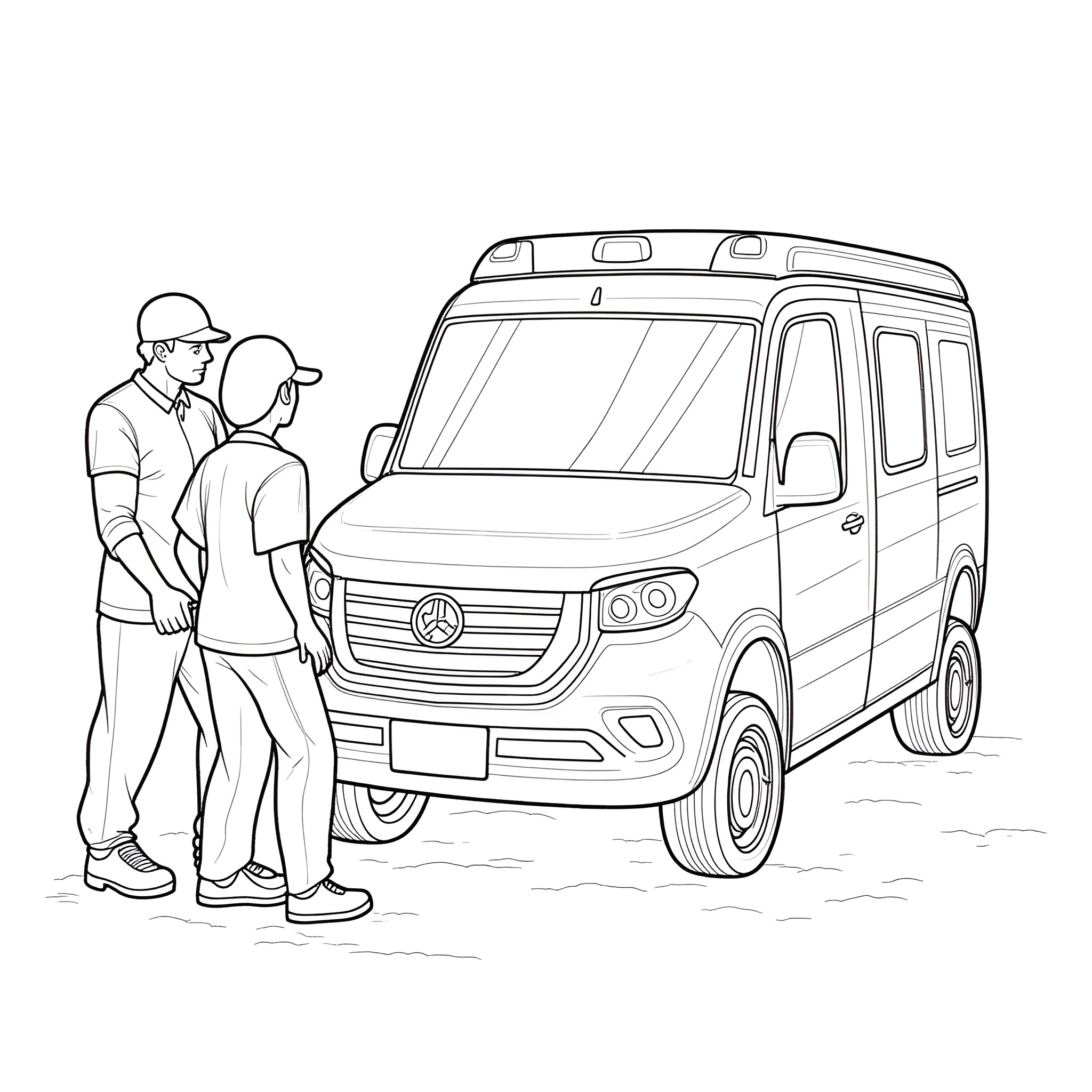 Ambulance assisting people in emergency situation Coloring Page (free black-and-white line drawing printable PDF for all, from beginners to advanced learners, including children, teens, adults, and seniors)