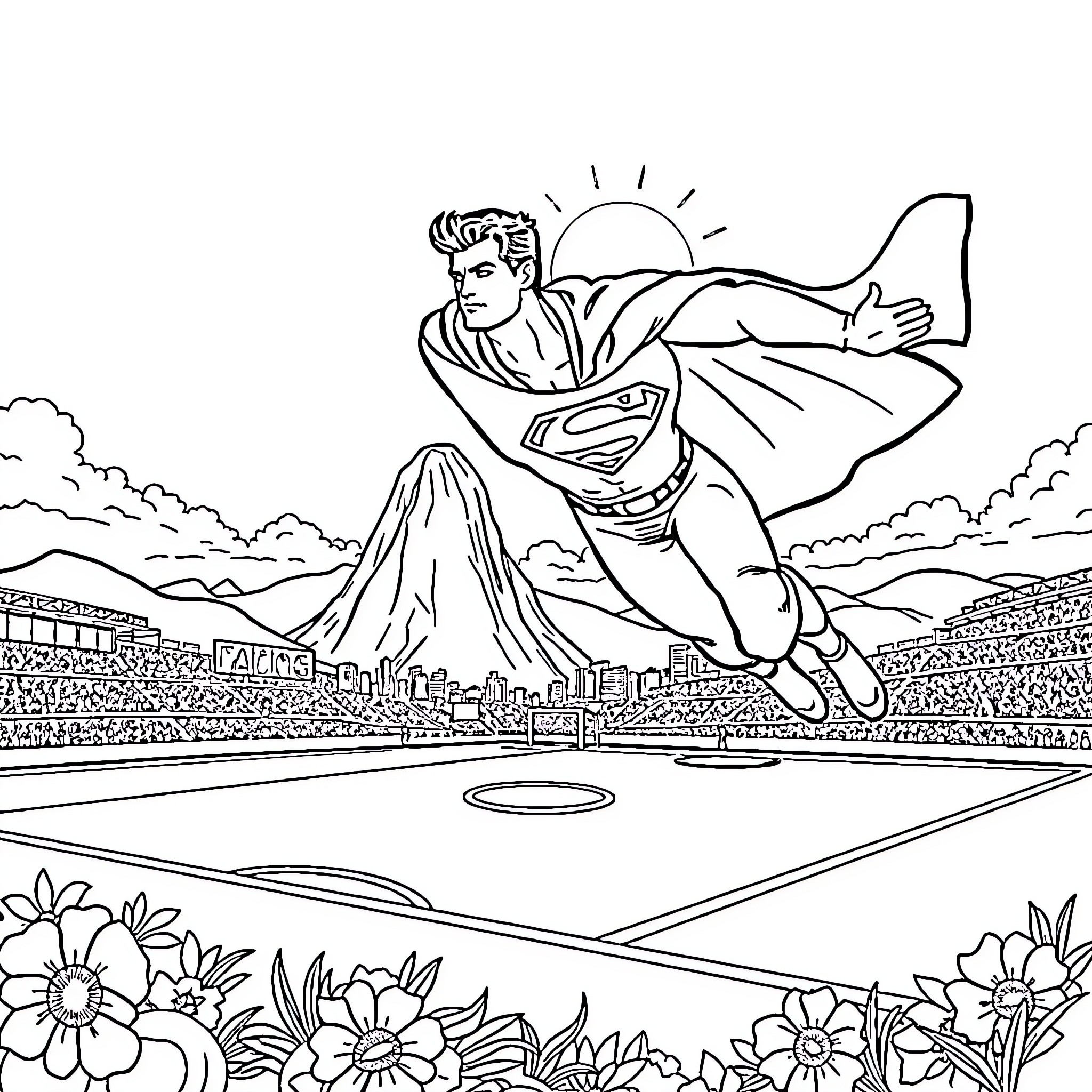 Superman soaring over the city with determination Coloring Page (free black-and-white line drawing printable PDF for all, from beginners to advanced learners, including children, teens, adults, and seniors)