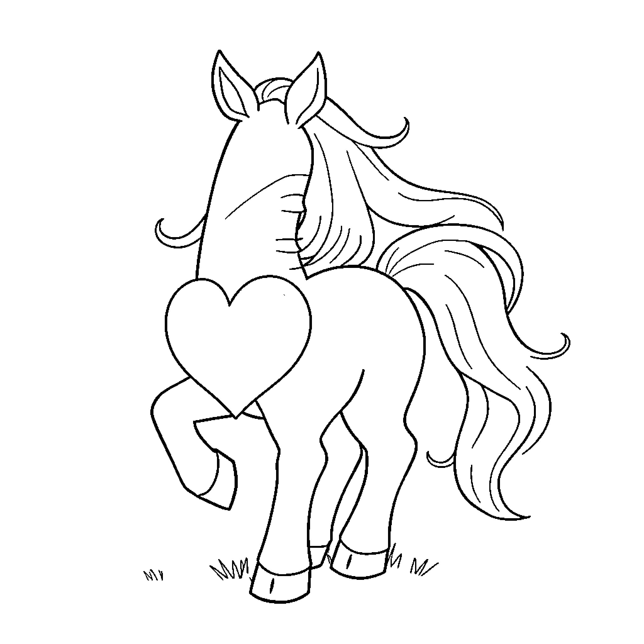 Pony with flowing mane and heart-shaped design Coloring Page (free black-and-white line drawing printable PDF for all, from beginners to advanced learners, including children, teens, adults, and seniors)