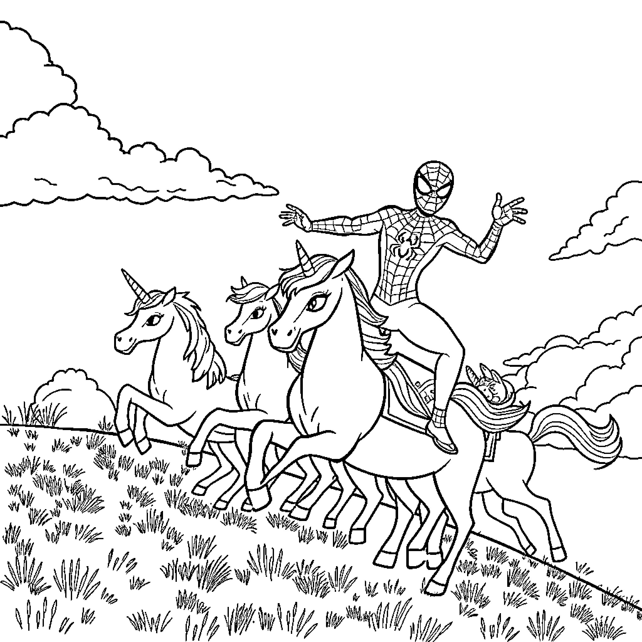 Spider-Man riding magical unicorns through the countryside Coloring Page (free black-and-white line drawing printable PDF for all, from beginners to advanced learners, including children, teens, adults, and seniors)