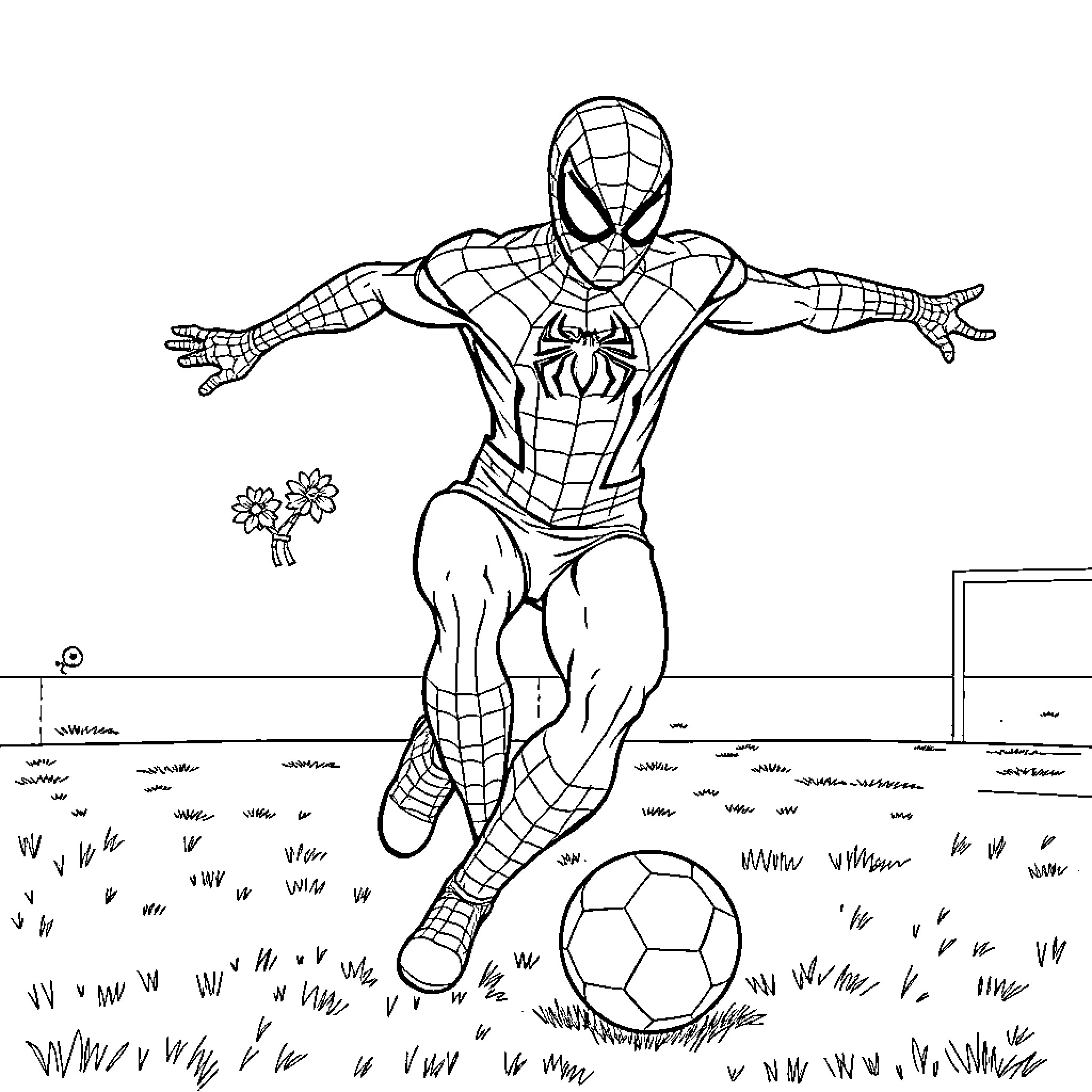 Spiderman playing with a soccer ball in the park Coloring Page (free black-and-white line drawing printable PDF for all, from beginners to advanced learners, including children, teens, adults, and seniors)