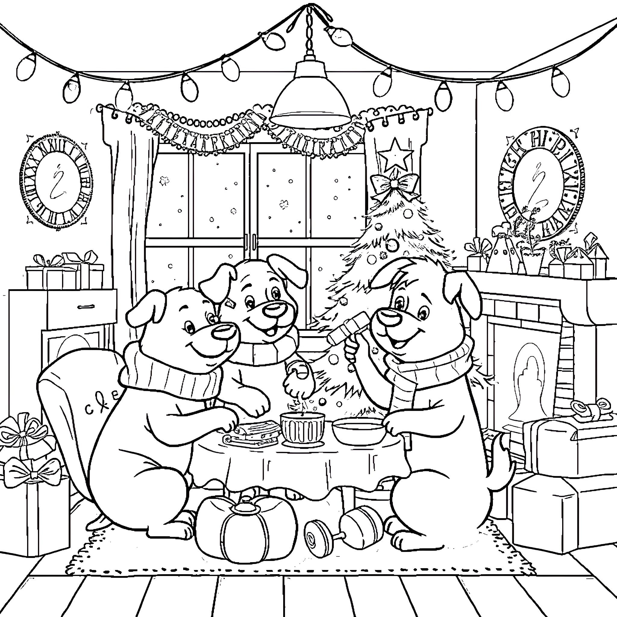 Dogs celebrating the holidays together Coloring Page (free black-and-white line drawing printable PDF for all, from beginners to advanced learners, including children, teens, adults, and seniors)