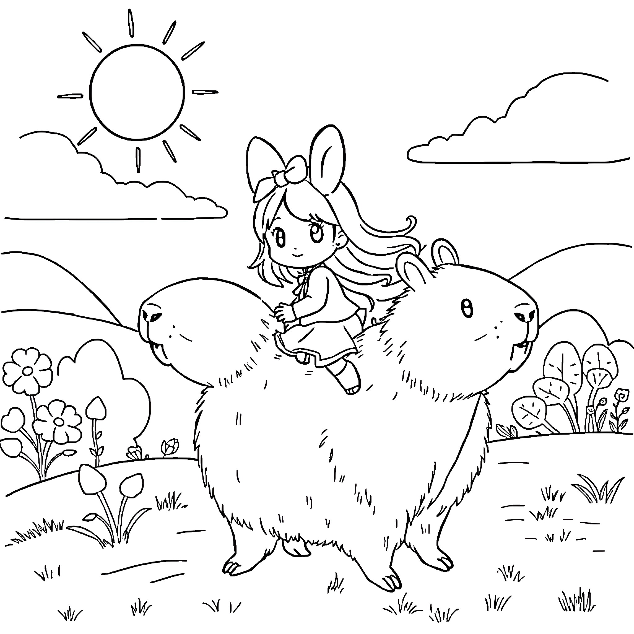 My Melody Playing with Fluffy Companion in the Meadow Coloring Page (free black-and-white line drawing printable PDF for all, from beginners to advanced learners, including children, teens, adults, and seniors)