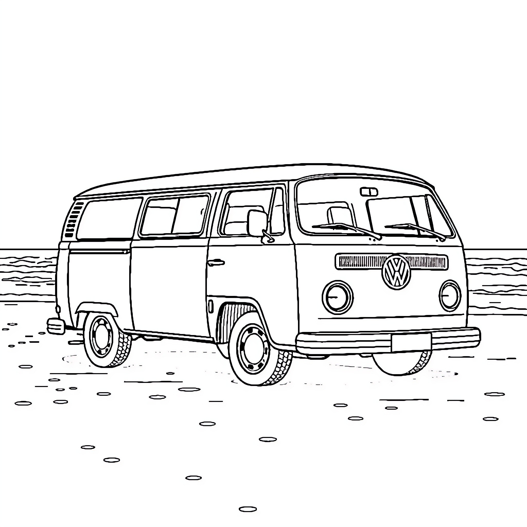 Volkswagen T2 in beach scene Coloring Page (free black-and-white line drawing printable PDF for all, from beginners to advanced learners, including children, teens, adults, and seniors)