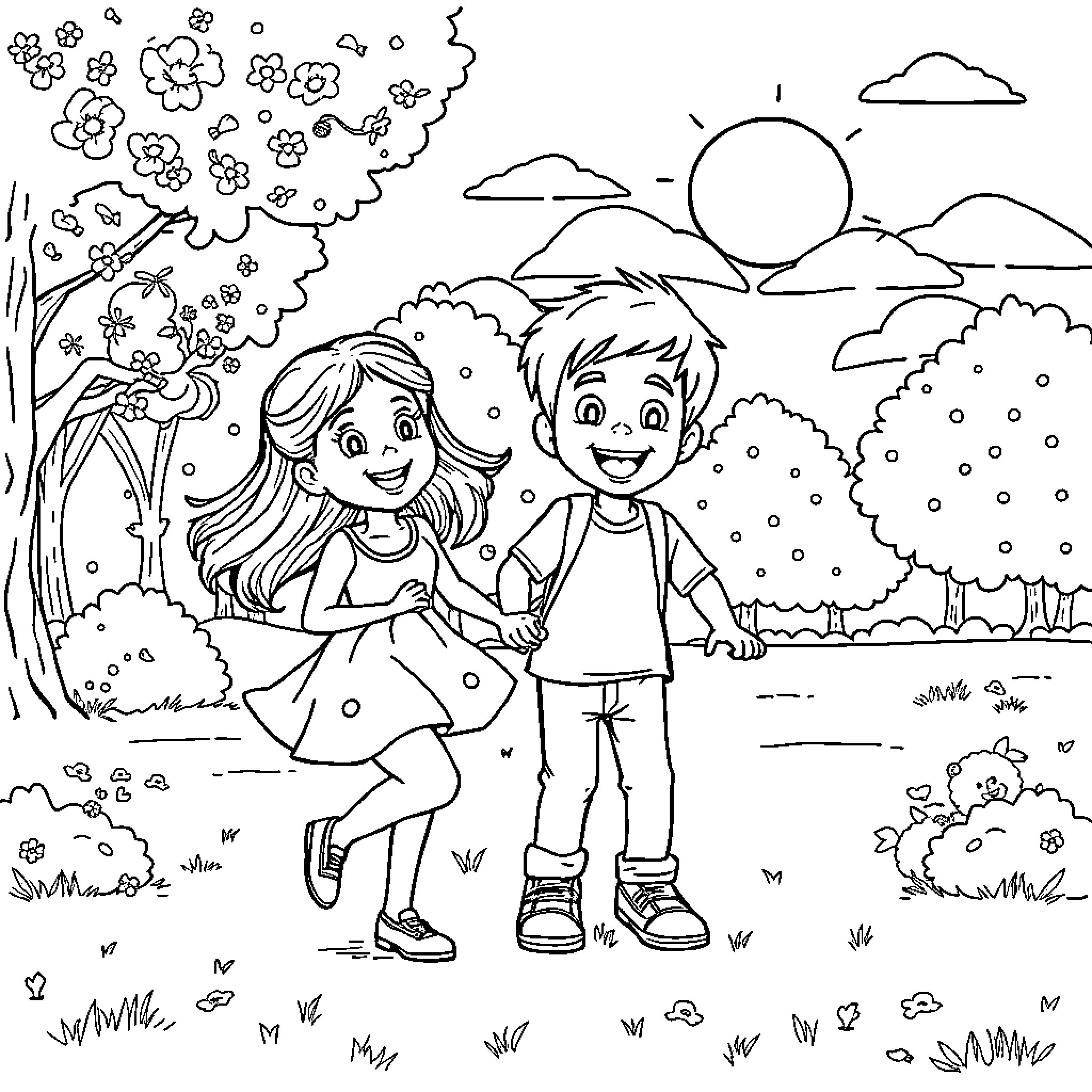 Juny's Fun Outdoors with Friends Coloring Page (free black-and-white line drawing printable PDF for all, from beginners to advanced learners, including children, teens, adults, and seniors)