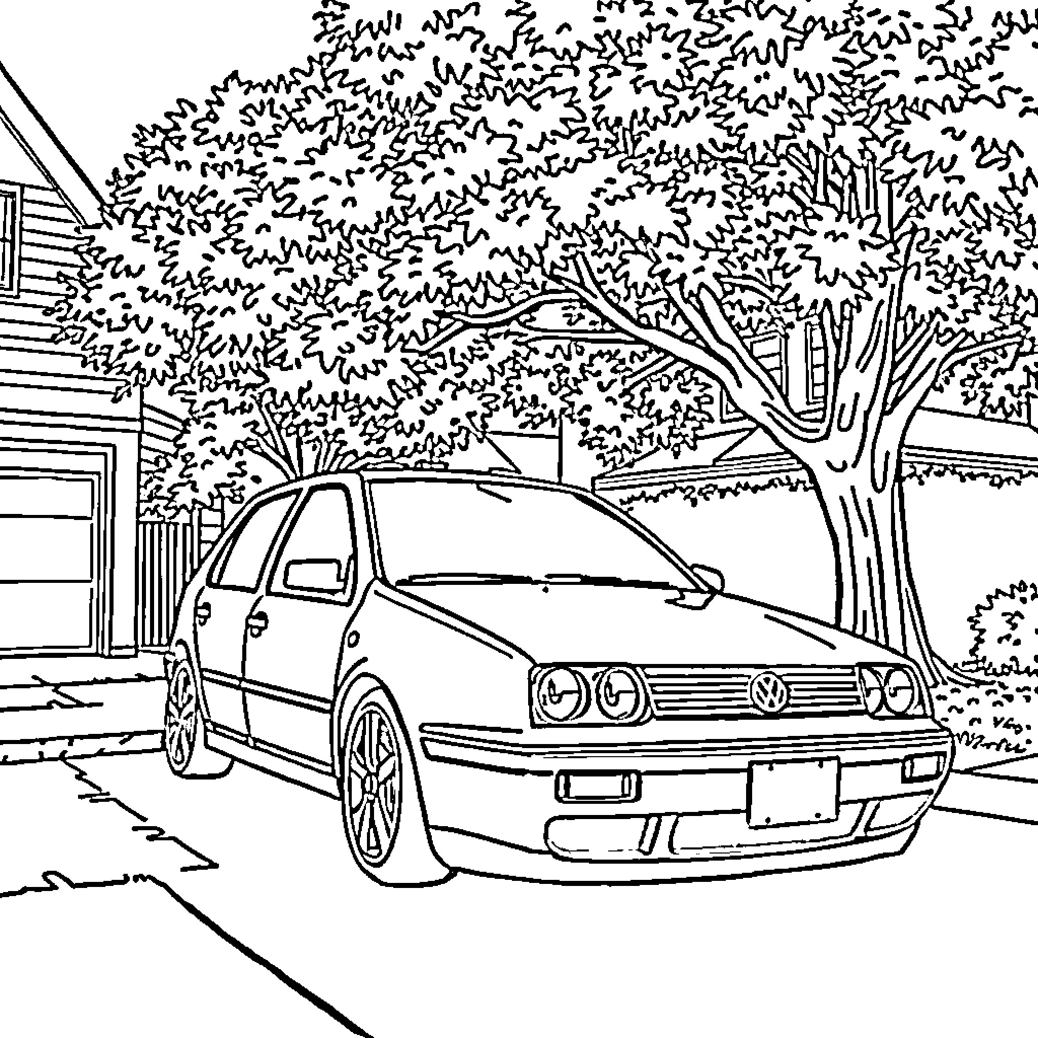 VW Jetta parked in front of house with tree Coloring Page (free black-and-white line drawing printable PDF for all, from beginners to advanced learners, including children, teens, adults, and seniors)