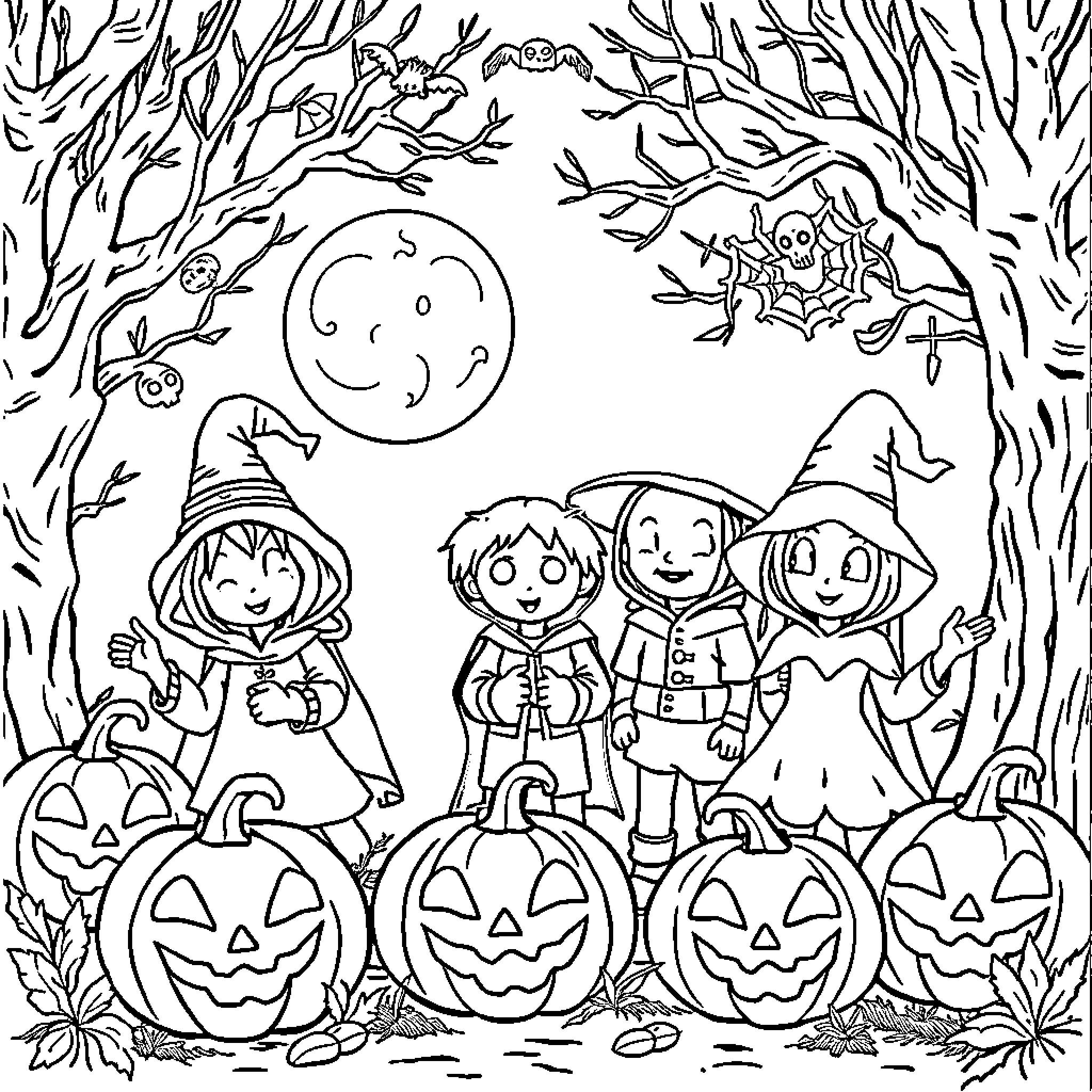 Halloween Trick-or-Treating Fun in the Spooky Forest Coloring Page (free black-and-white line drawing printable PDF for all, from beginners to advanced learners, including children, teens, adults, and seniors)