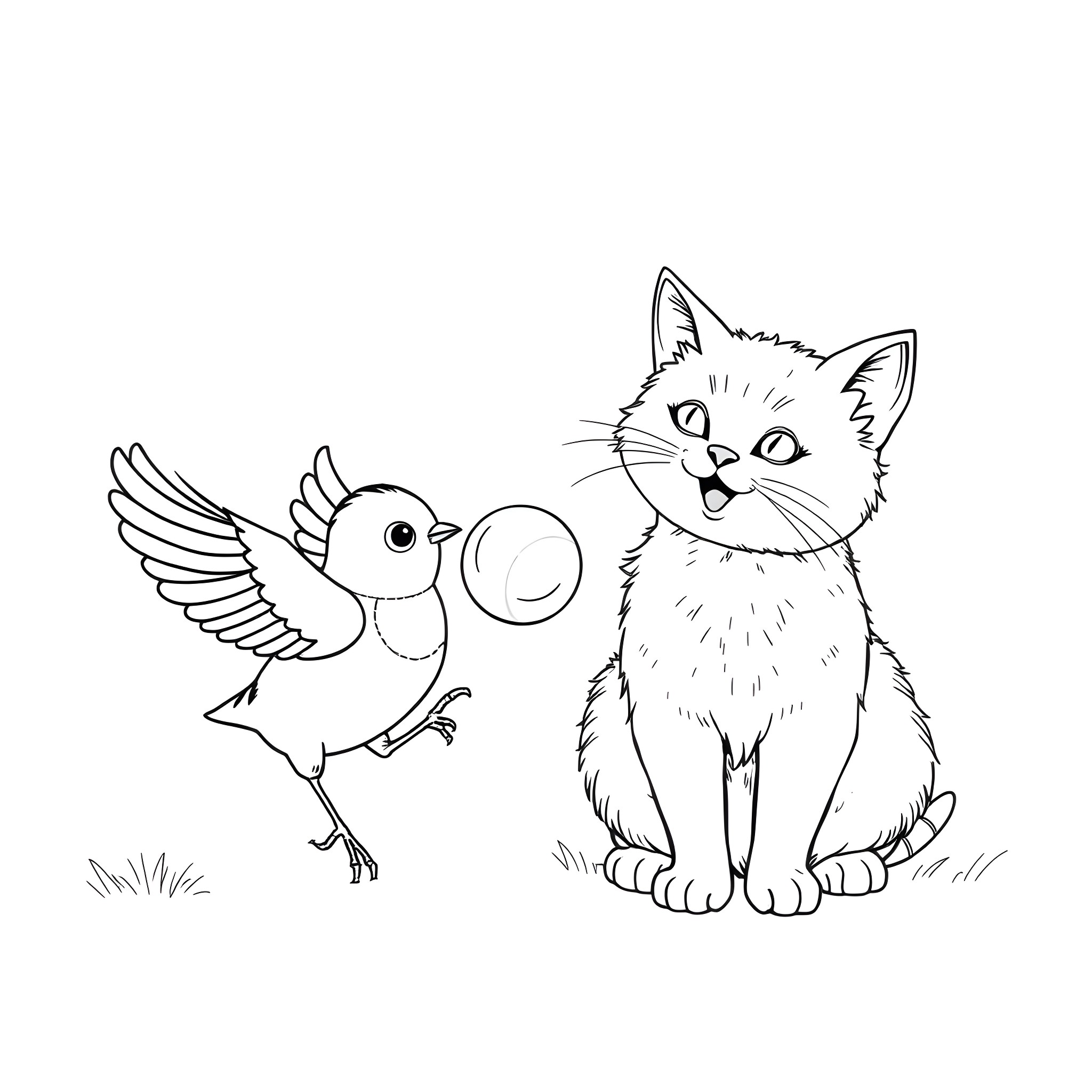 Bird and cat in happy interaction Coloring Page (free black-and-white line drawing printable PDF for all, from beginners to advanced learners, including children, teens, adults, and seniors)