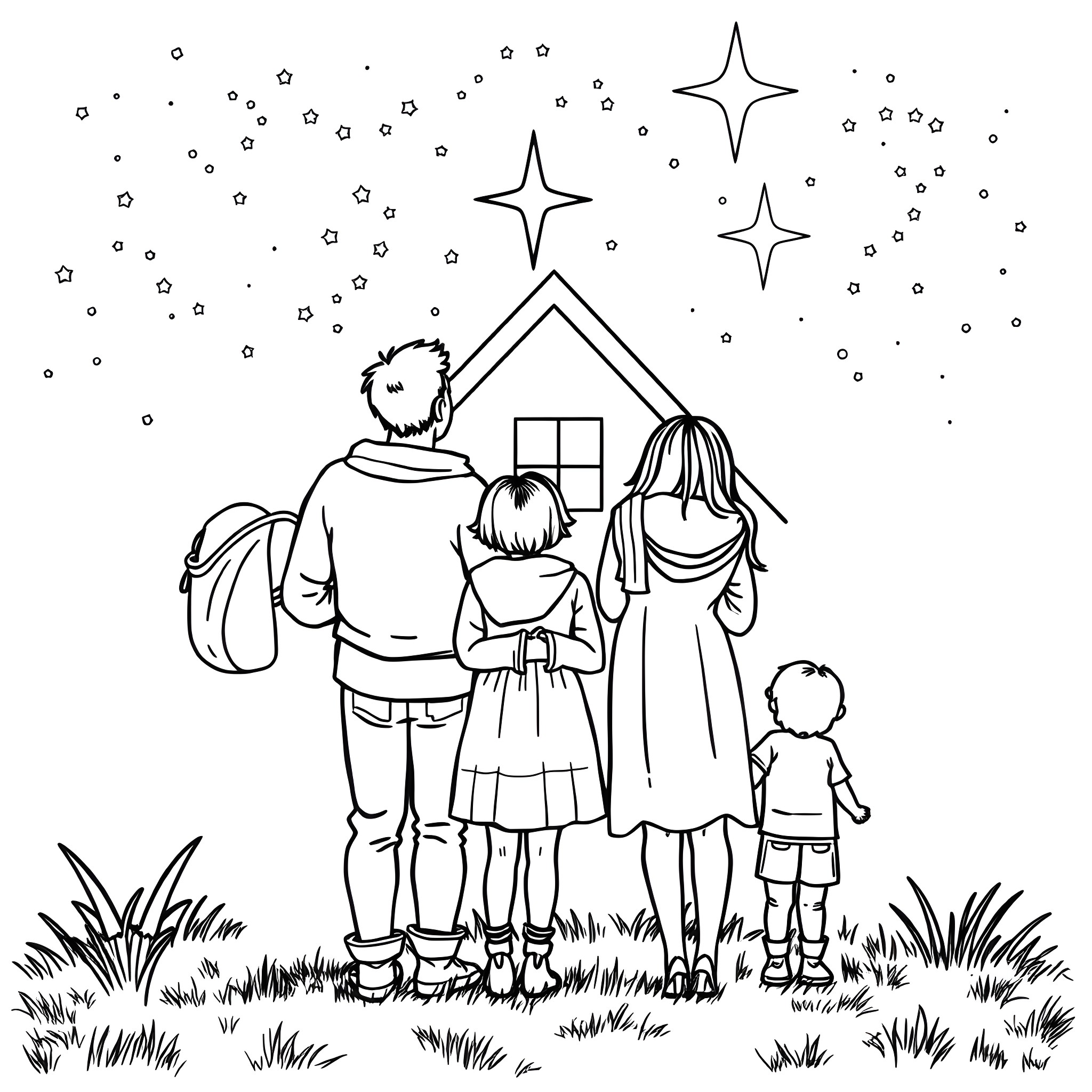 Family enjoying a starry night together Coloring Page (free black-and-white line drawing printable PDF for all, from beginners to advanced learners, including children, teens, adults, and seniors)
