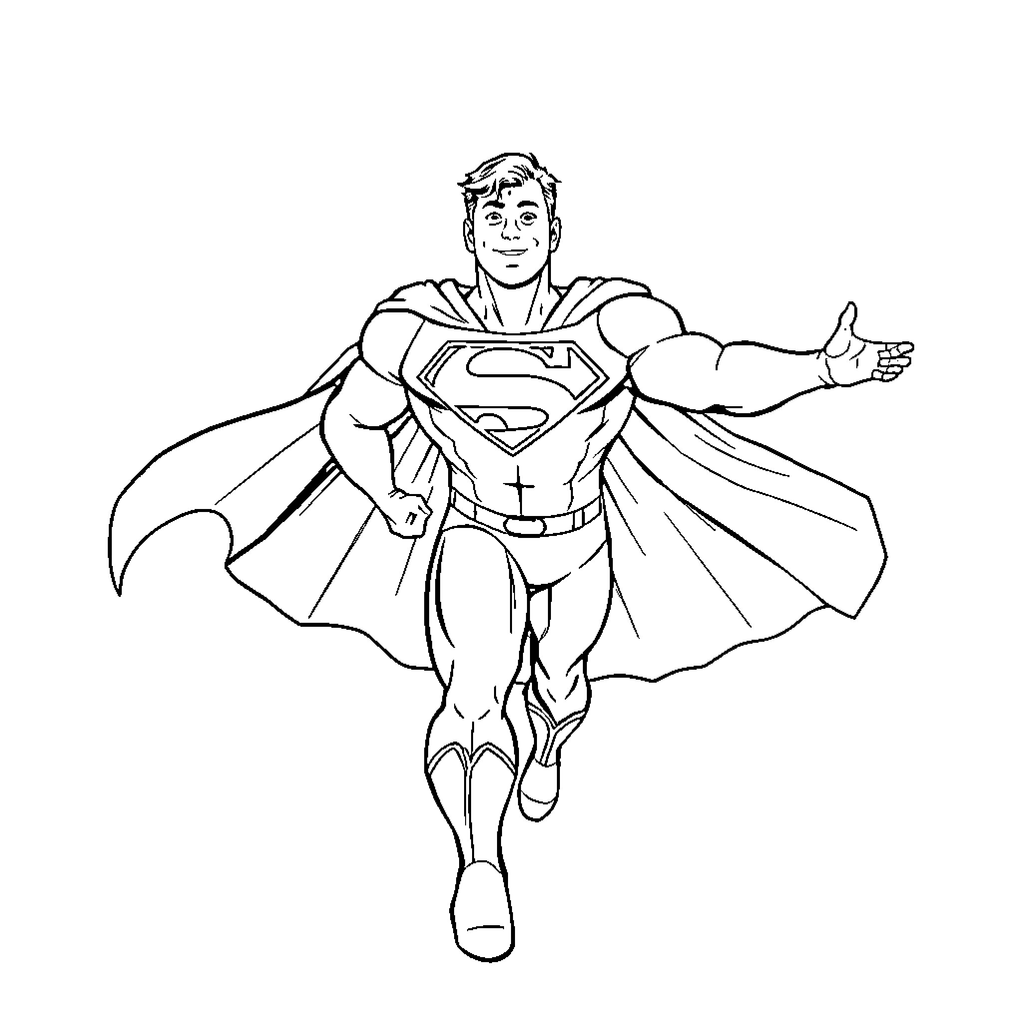 Superman flying with a heroic pose Coloring Page (free black-and-white line drawing printable PDF for all, from beginners to advanced learners, including children, teens, adults, and seniors)
