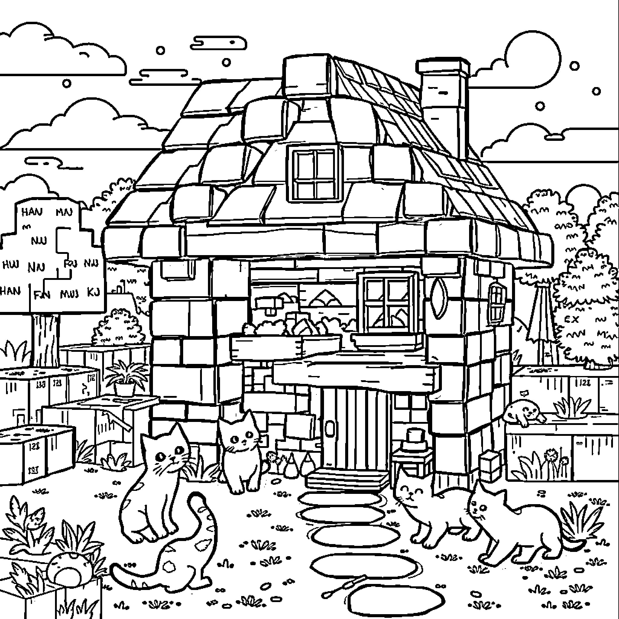 Cats exploring a quirky architectural wonder Coloring Page (free black-and-white line drawing printable PDF for all, from beginners to advanced learners, including children, teens, adults, and seniors)