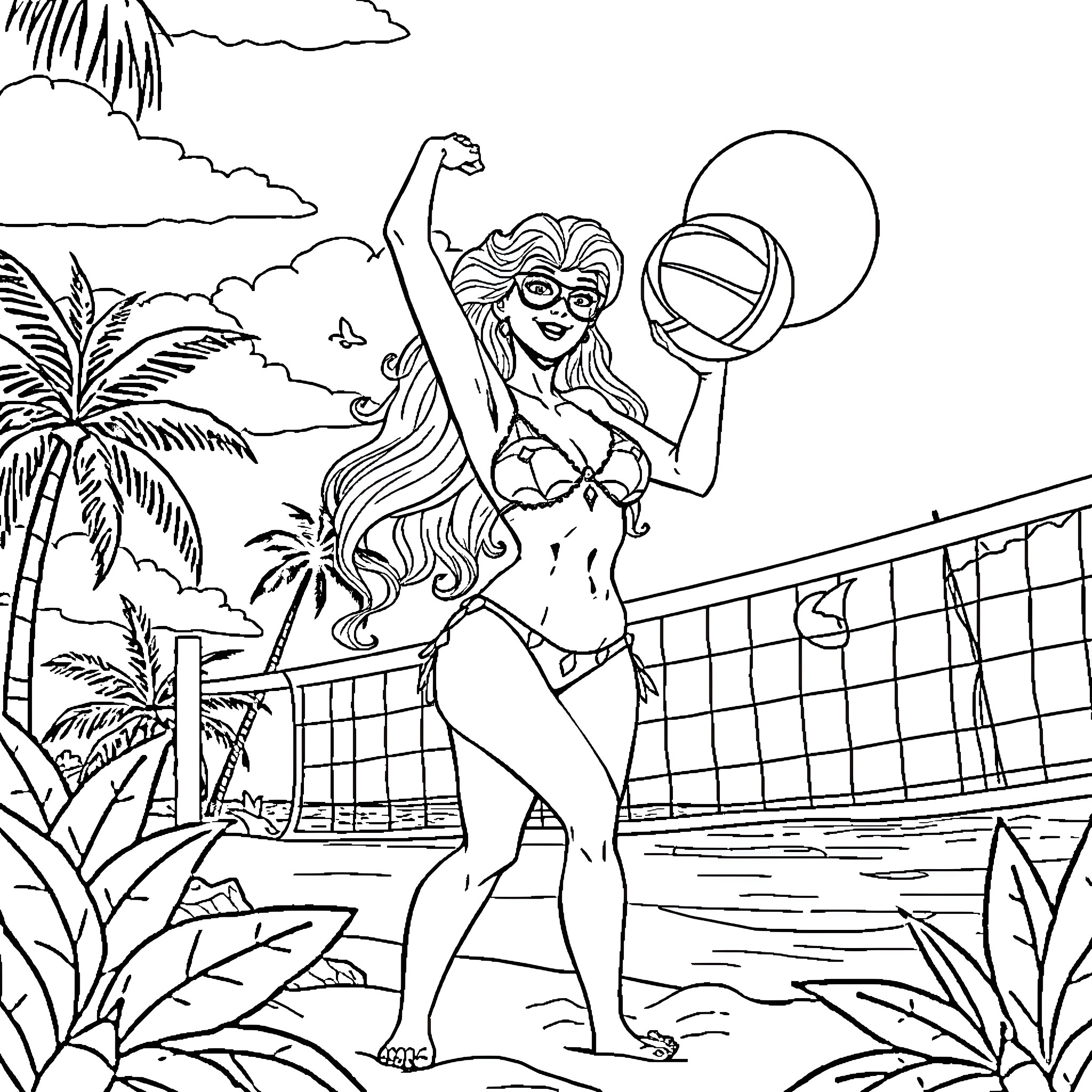Poison Ivy playing volleyball on the beach Coloring Page (free black-and-white line drawing printable PDF for all, from beginners to advanced learners, including children, teens, adults, and seniors)