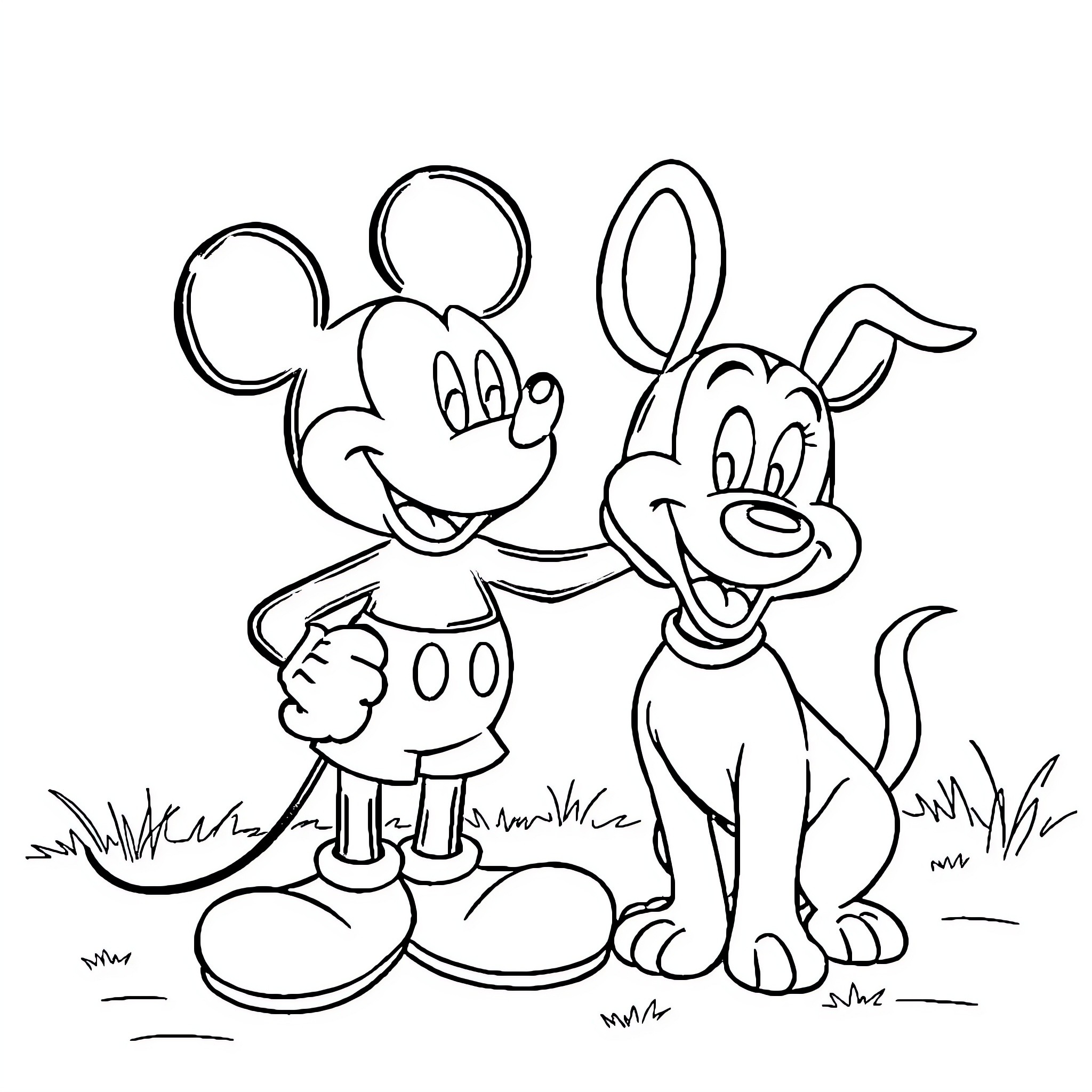 Mickey Mouse and Pluto Enjoying Nature Coloring Page (free black-and-white line drawing printable PDF for all, from beginners to advanced learners, including children, teens, adults, and seniors)