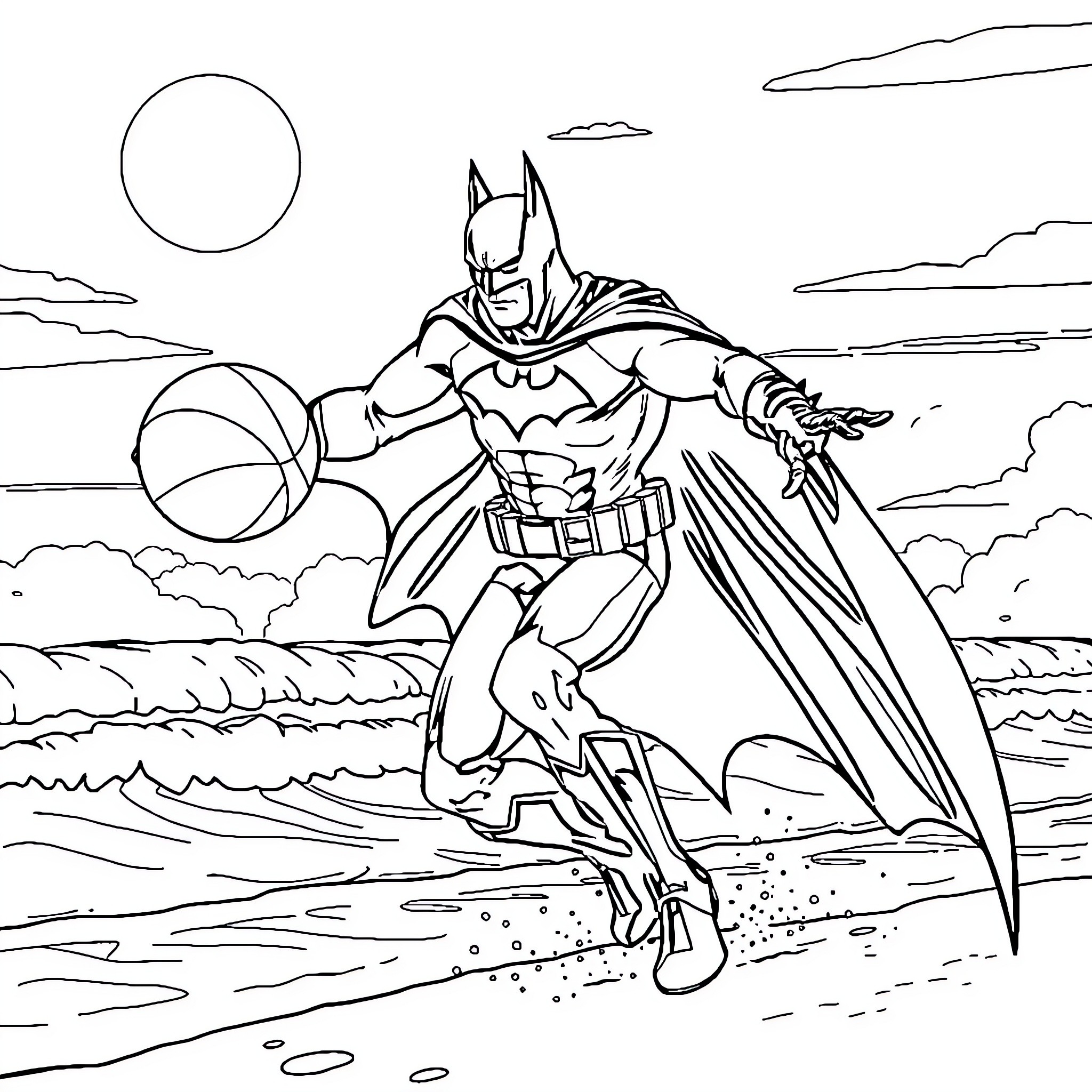 Batman soaring through the cloudy sky Coloring Page (free black-and-white line drawing printable PDF for all, from beginners to advanced learners, including children, teens, adults, and seniors)