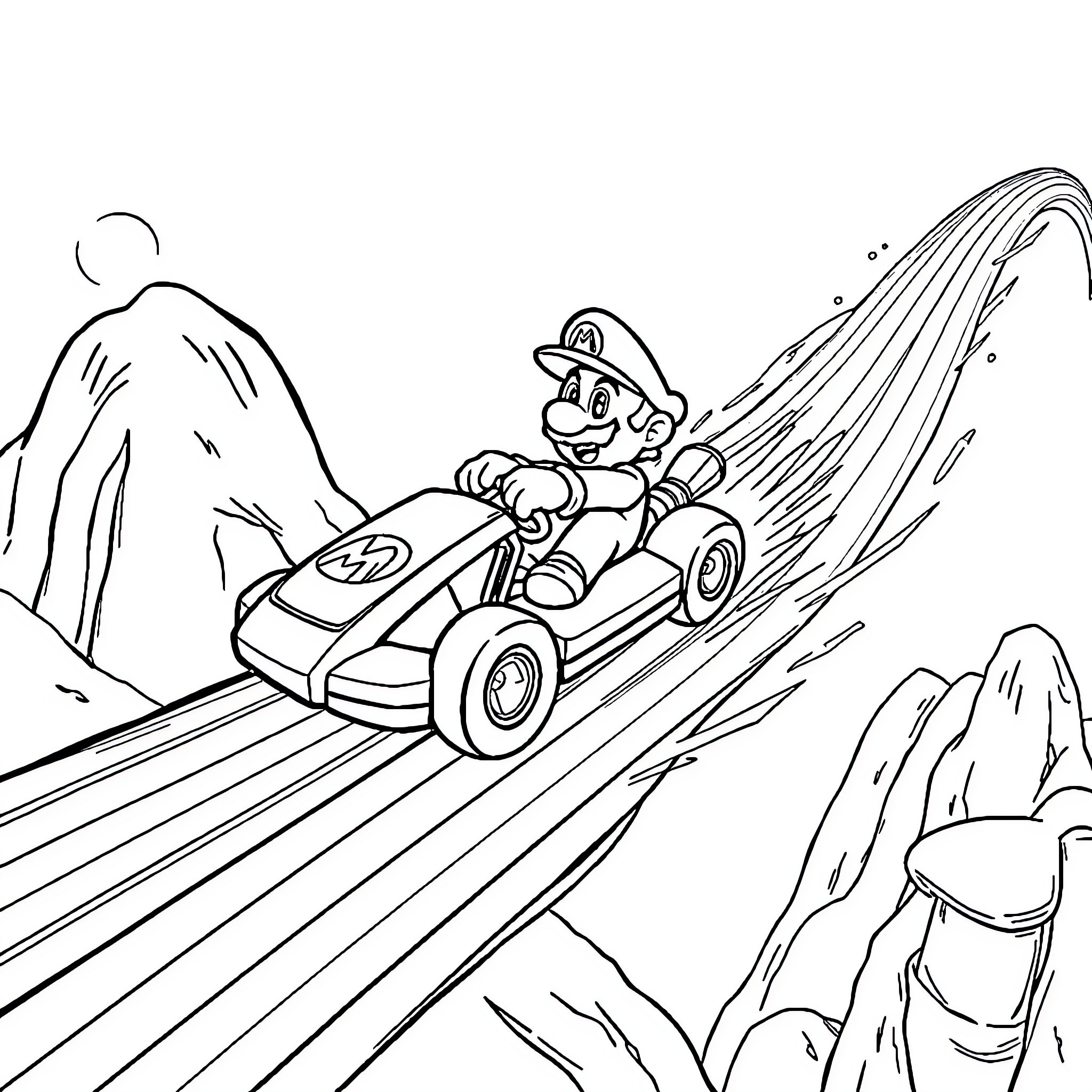 Mario racing through the mountains in his go-kart Coloring Page (free black-and-white line drawing printable PDF for all, from beginners to advanced learners, including children, teens, adults, and seniors)