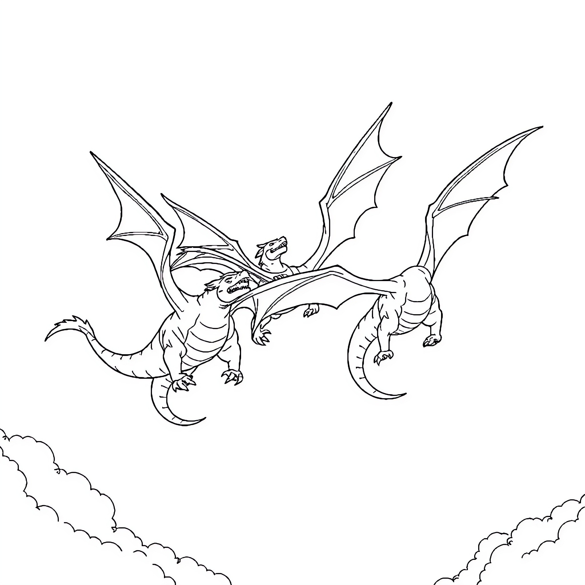 Dragon soaring through the clouds with majestic wings Coloring Page (free black-and-white line drawing printable PDF for all, from beginners to advanced learners, including children, teens, adults, and seniors)