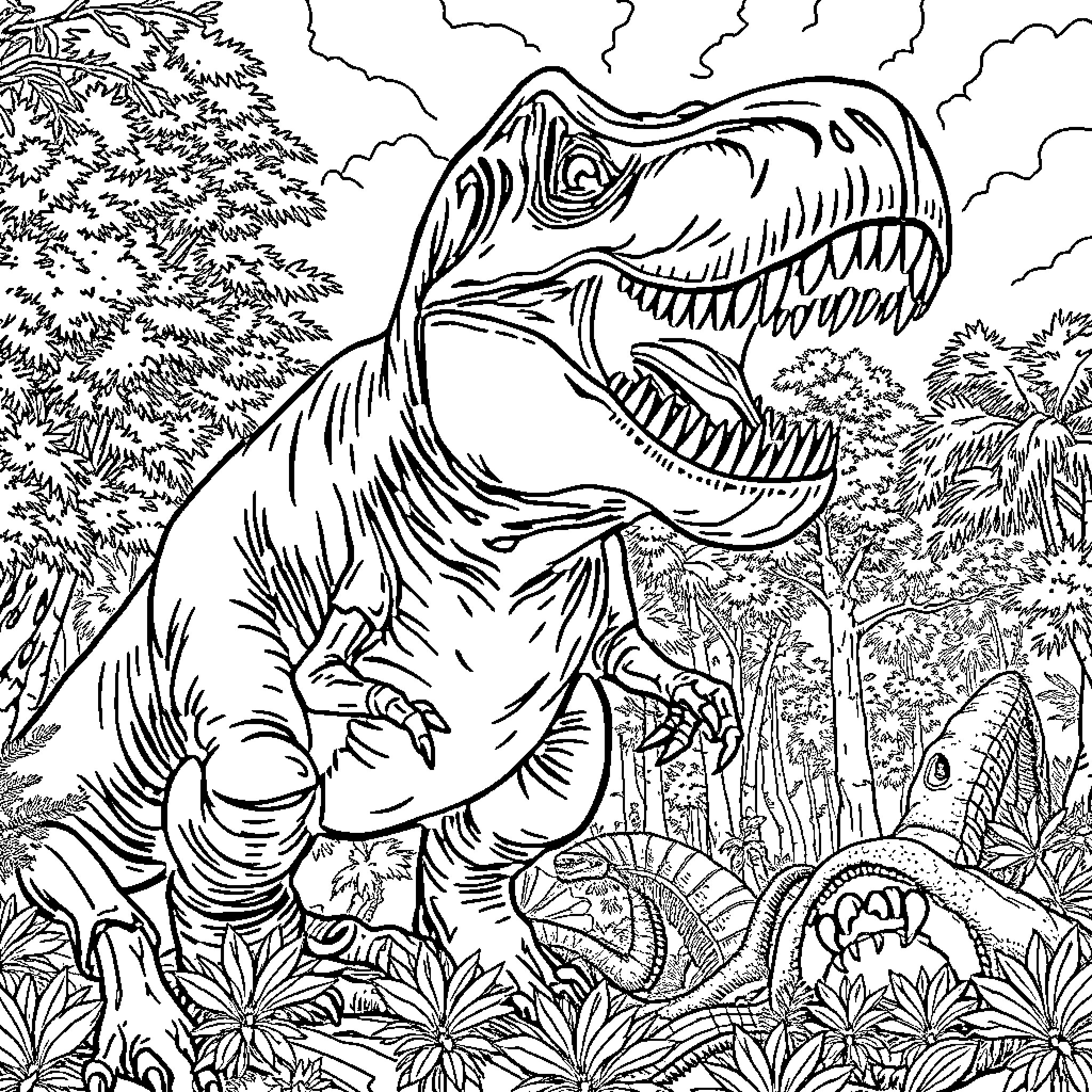 Dinosaur roaring in a lush jungle scene Coloring Page (free black-and-white line drawing printable PDF for all, from beginners to advanced learners, including children, teens, adults, and seniors)