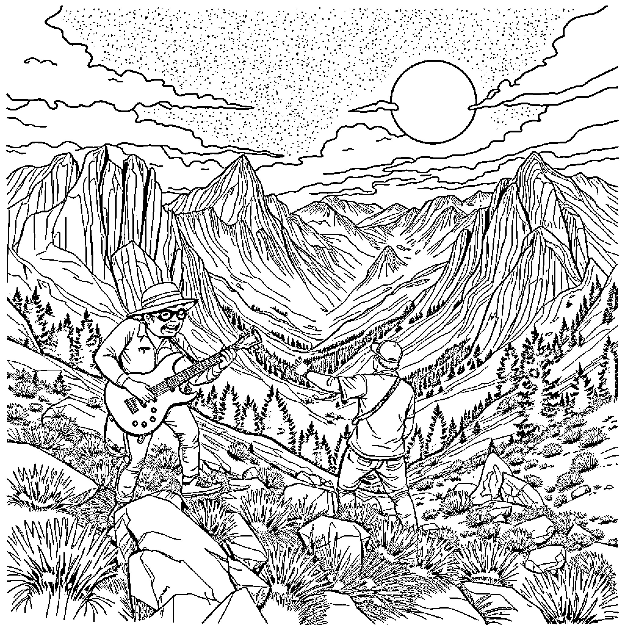 Pink Floyd Jamming in the Serene Mountain Landscape Coloring Page (free black-and-white line drawing printable PDF for all, from beginners to advanced learners, including children, teens, adults, and seniors)