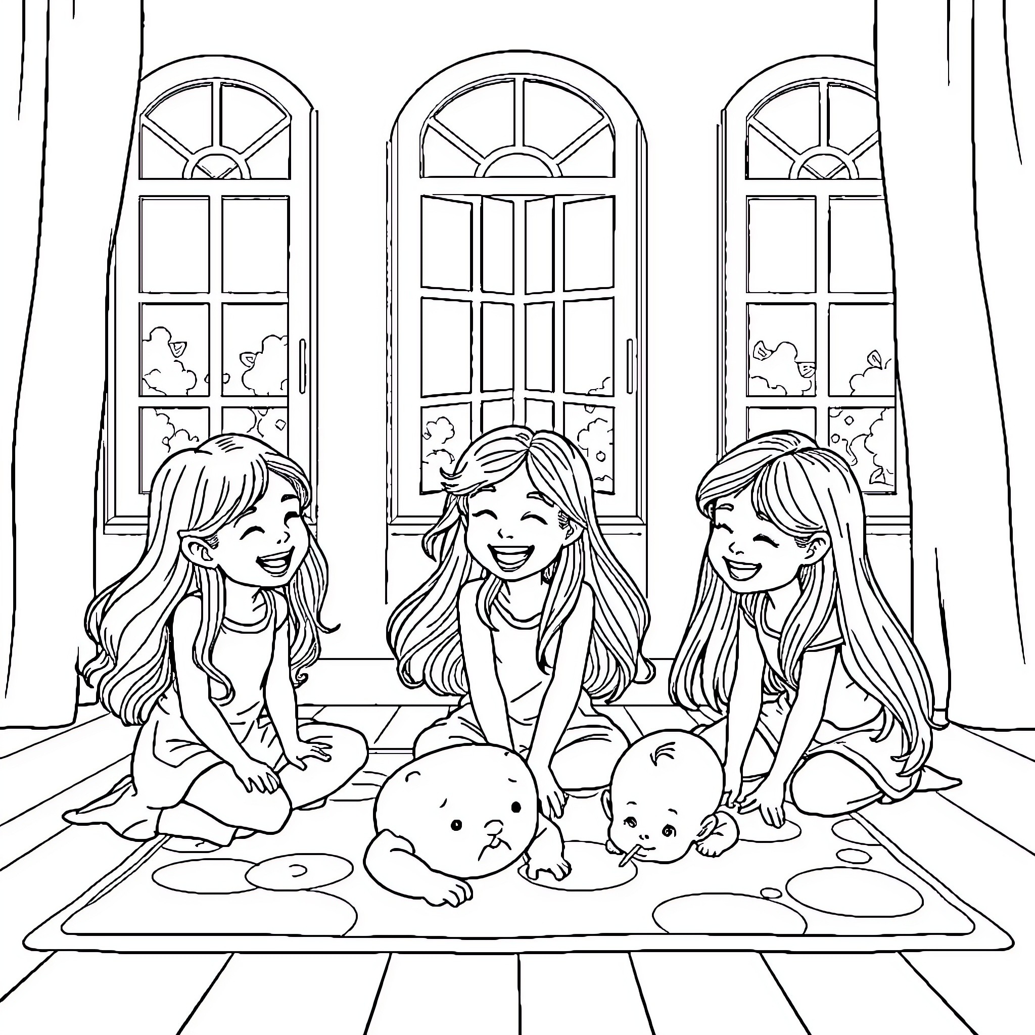 Girl friends playing with cute dolls near window Coloring Page (free black-and-white line drawing printable PDF for all, from beginners to advanced learners, including children, teens, adults, and seniors)