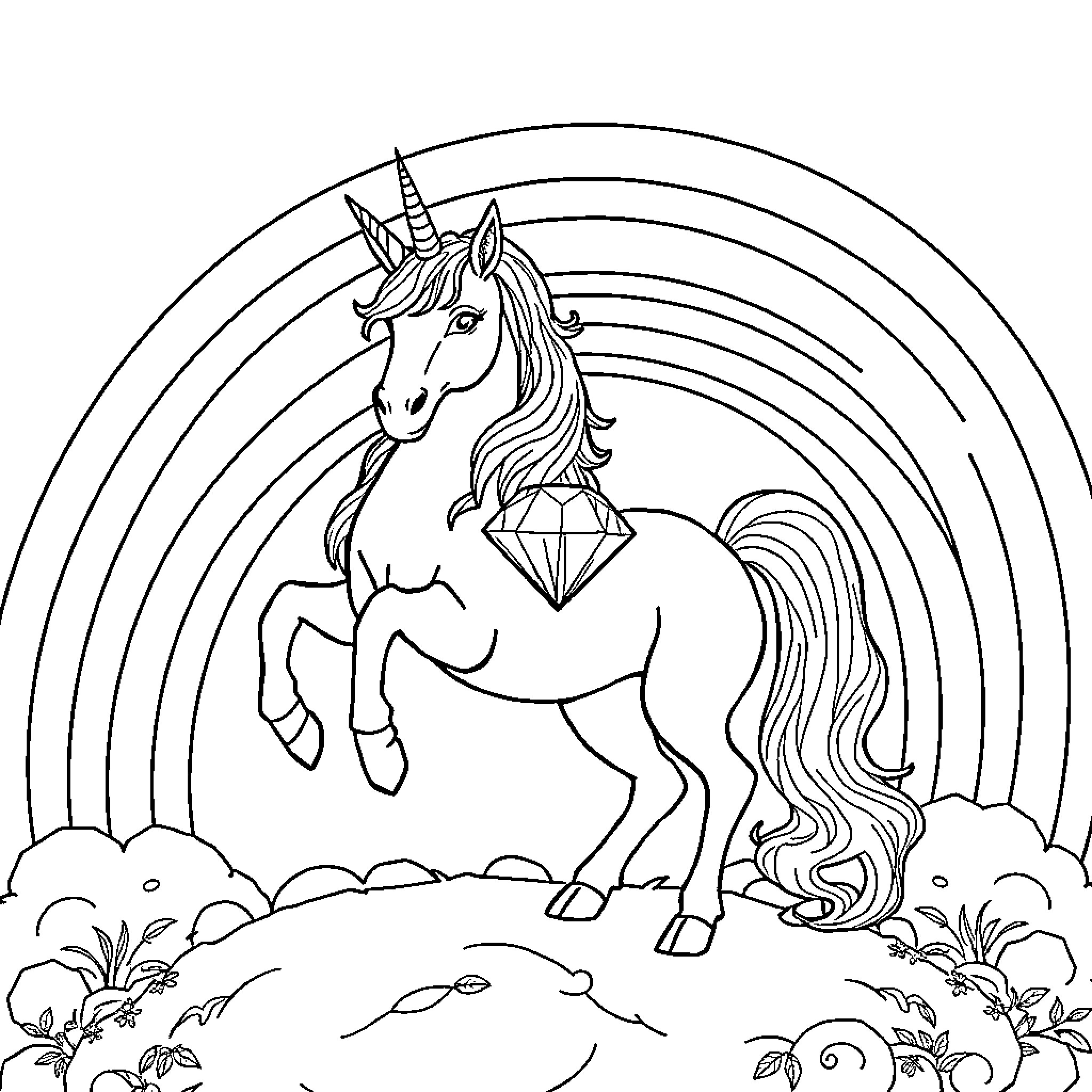 Unicorn standing amidst clouds and foliage Coloring Page (free black-and-white line drawing printable PDF for all, from beginners to advanced learners, including children, teens, adults, and seniors)