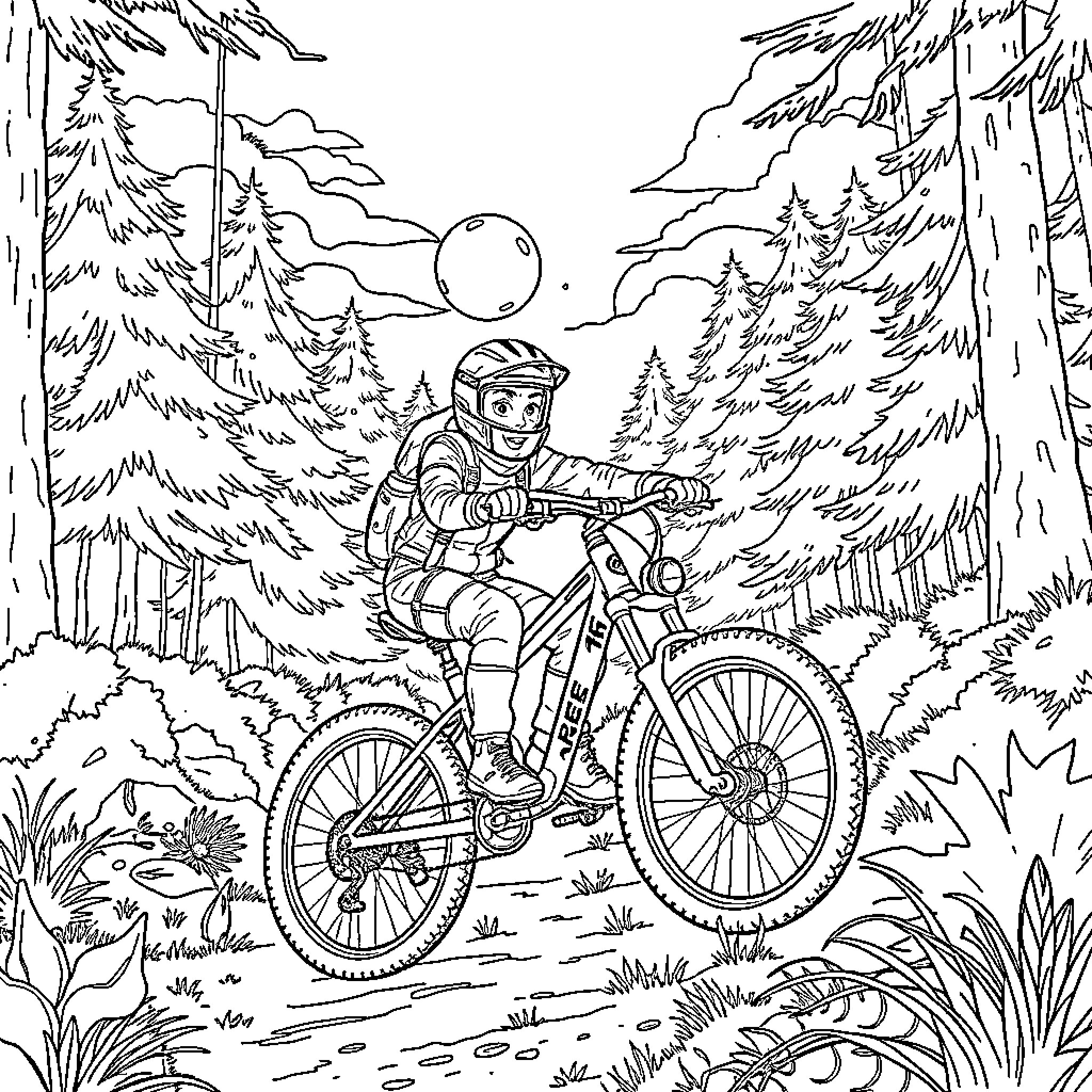 Ranger riding mountain bike through forest Coloring Page (free black-and-white line drawing printable PDF for all, from beginners to advanced learners, including children, teens, adults, and seniors)