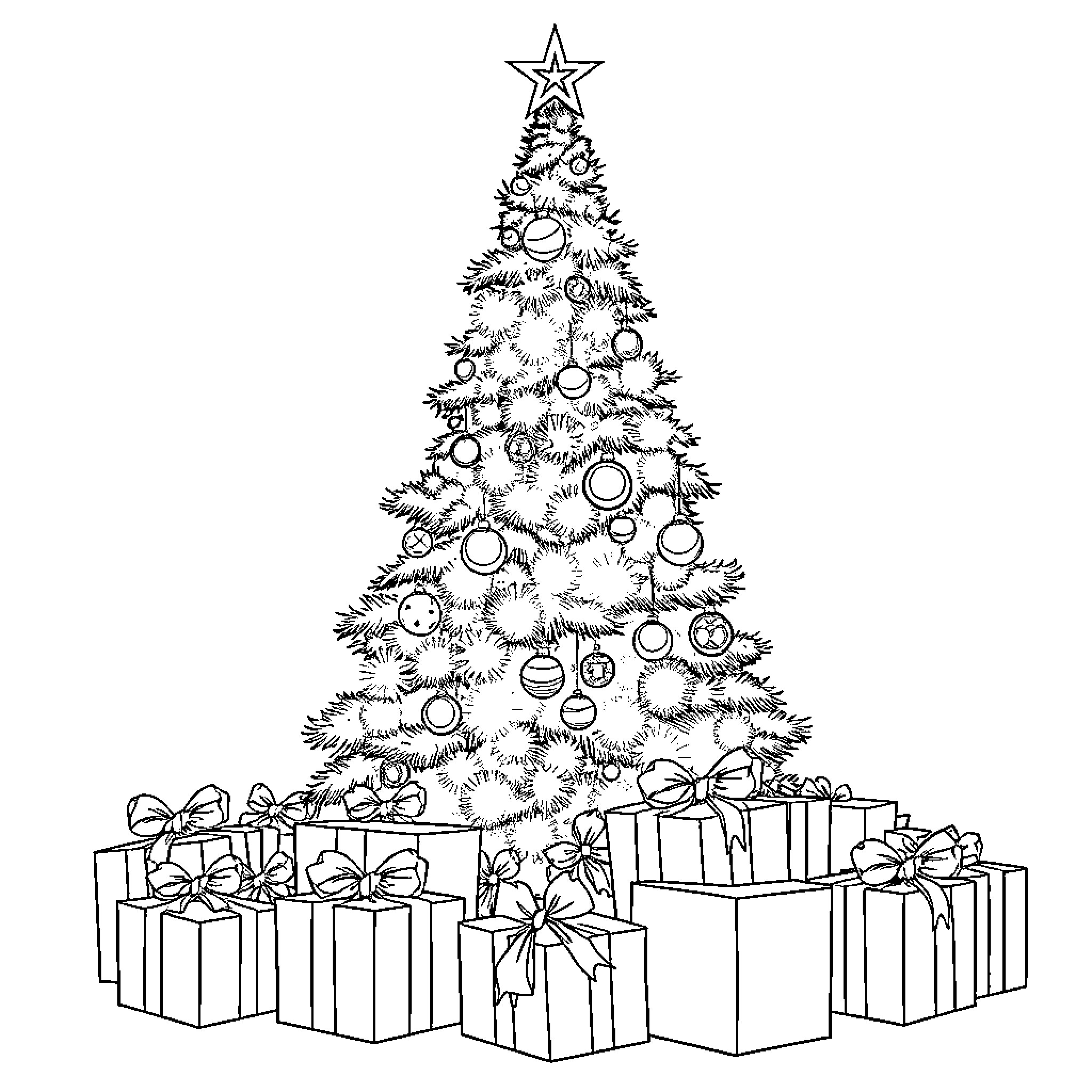 Christmas Tree with Ornaments and Presents Coloring Page (free black-and-white line drawing printable PDF for all, from beginners to advanced learners, including children, teens, adults, and seniors)