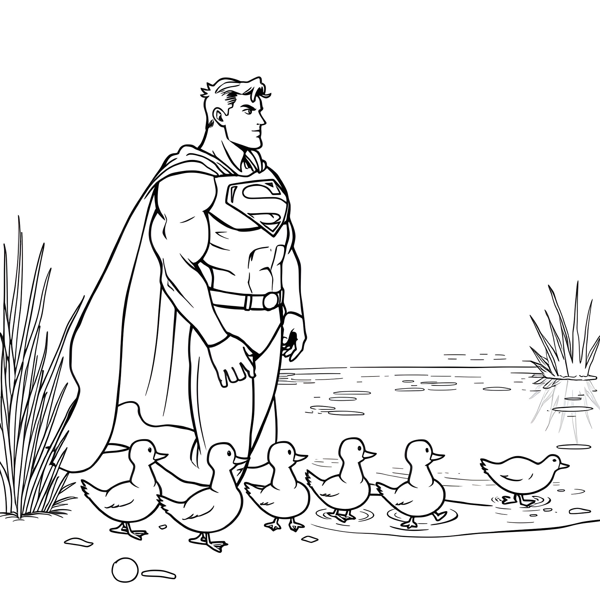 Superman interacting with ducklings in a serene setting Coloring Page (free black-and-white line drawing printable PDF for all, from beginners to advanced learners, including children, teens, adults, and seniors)
