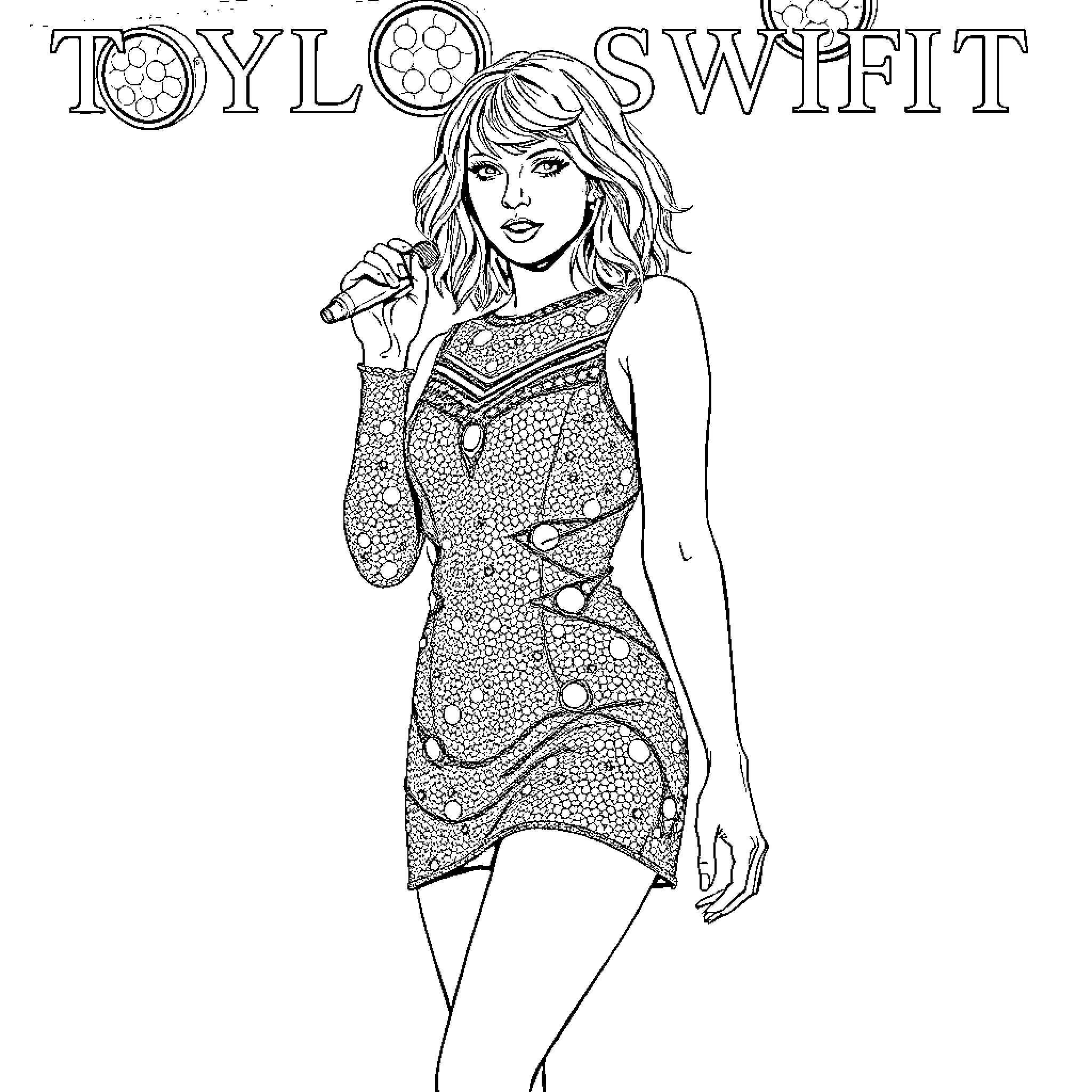 Taylor Swift performing on stage in a patterned dress Coloring Page (free black-and-white line drawing printable PDF for all, from beginners to advanced learners, including children, teens, adults, and seniors)