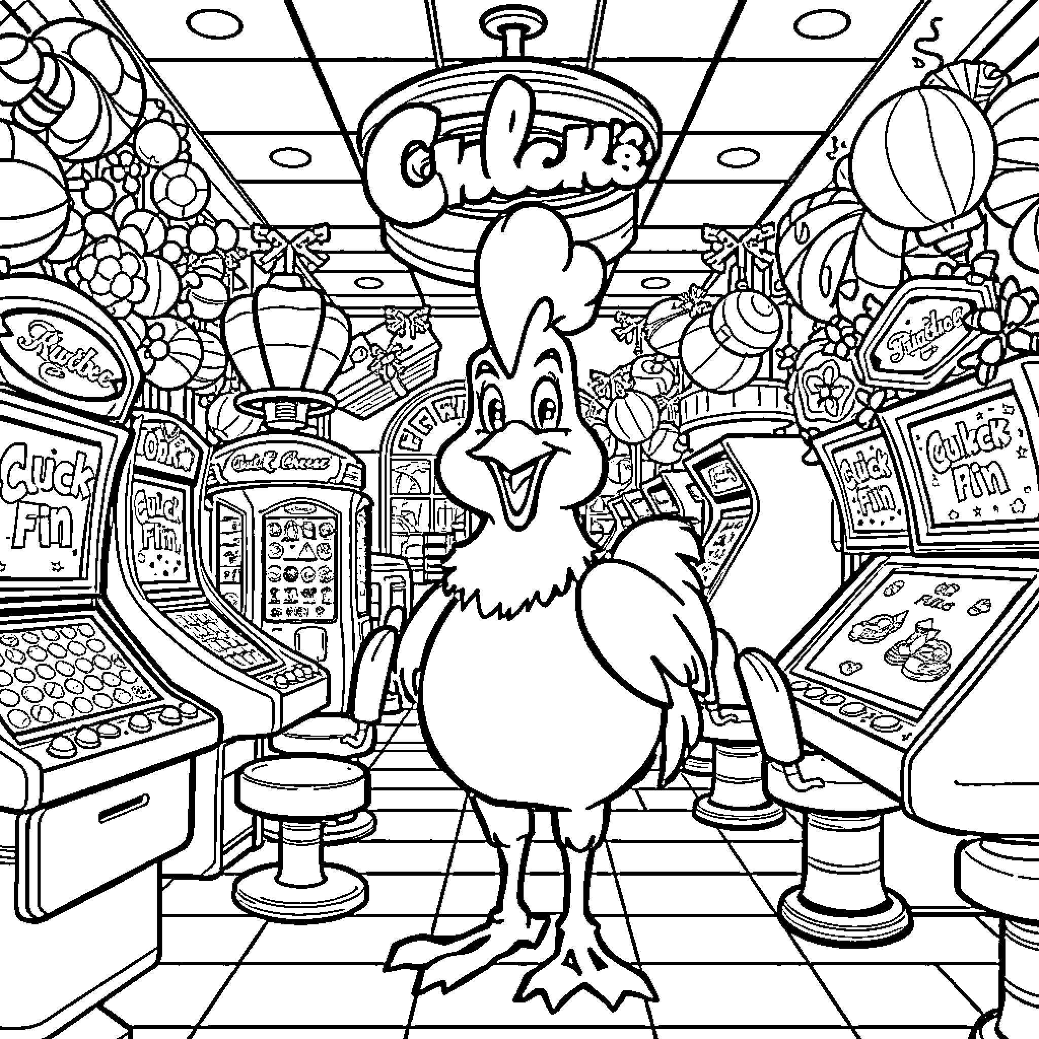 Helen Henny's Arcade Adventure Coloring Page (free black-and-white line drawing printable PDF for all, from beginners to advanced learners, including children, teens, adults, and seniors)